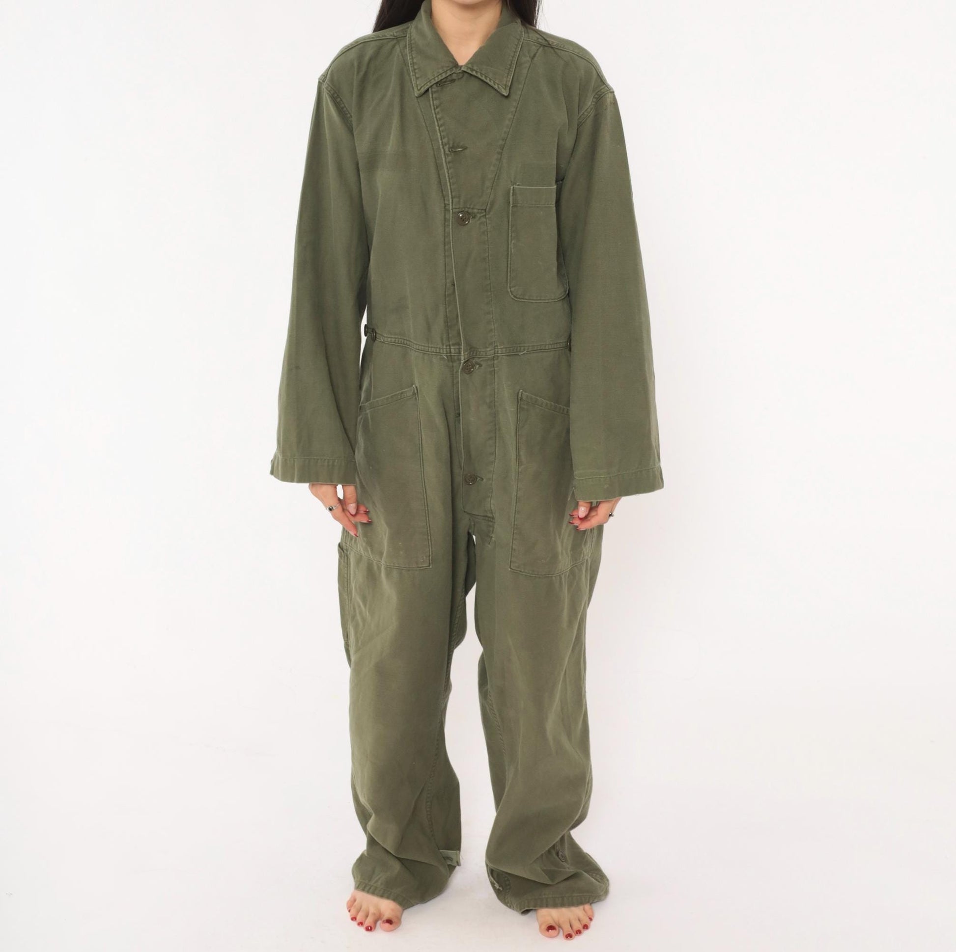 80s Army Olive Cotton Coveralls Button Front Jumpsuit Medium M