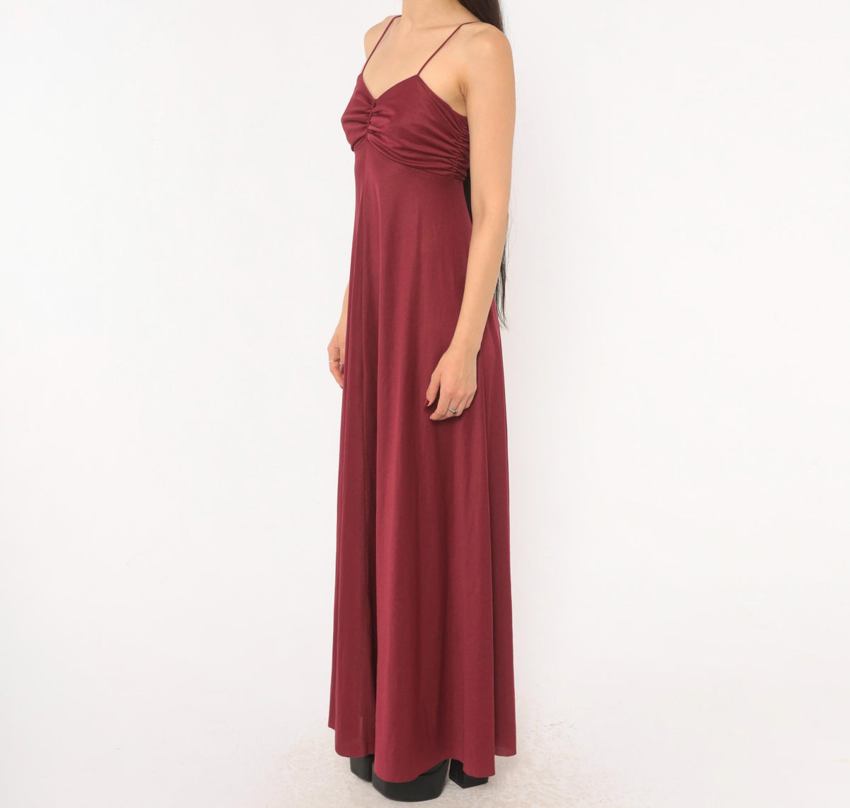 70s Burgundy Maxi Dress Sweetheart Neckline Empire Waist Spaghetti Strap Small
