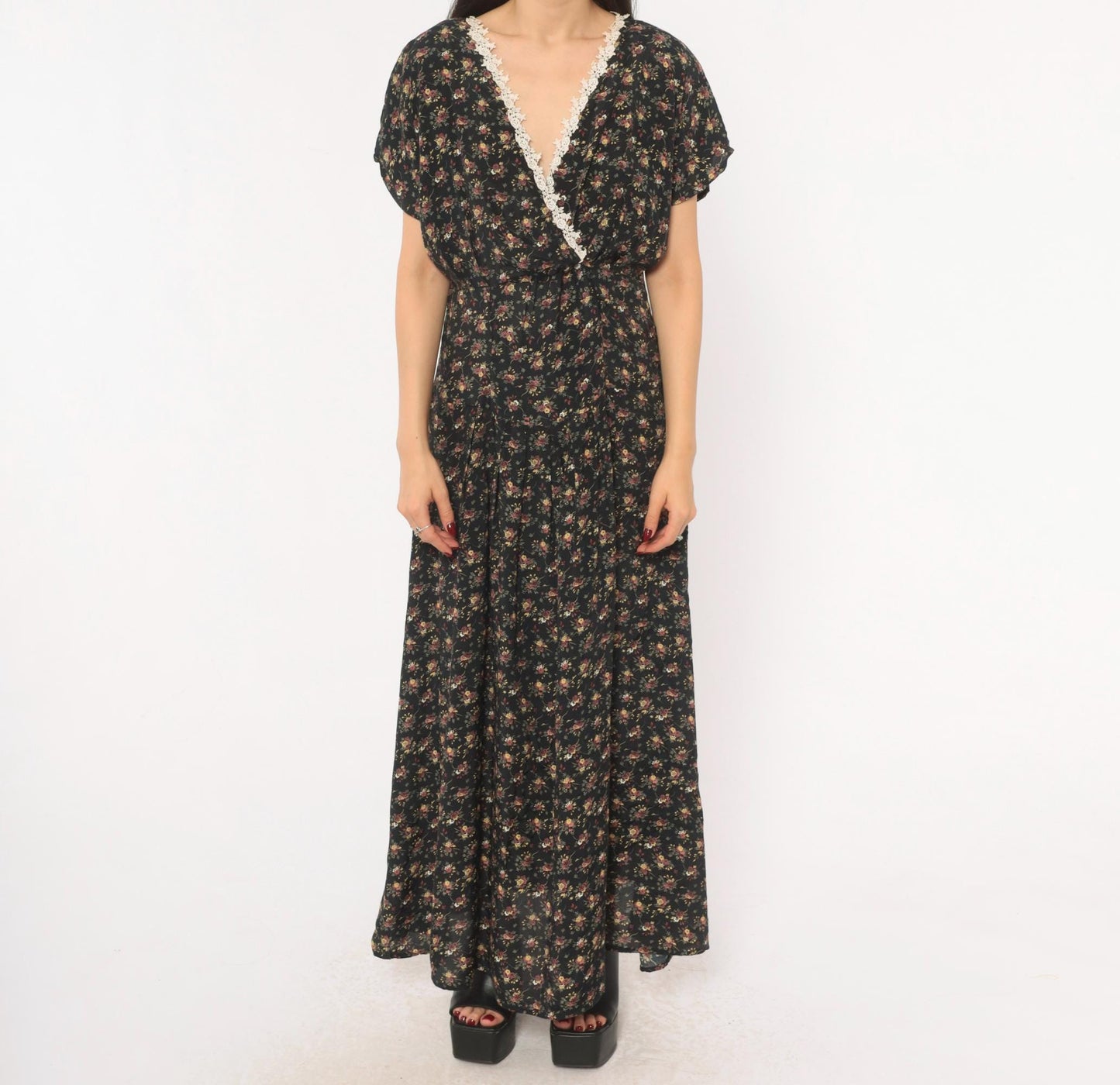 90s Ariana Black Floral Maxi Dress V-Neck Wrap Lace Trim Flutter Sleeve Large L