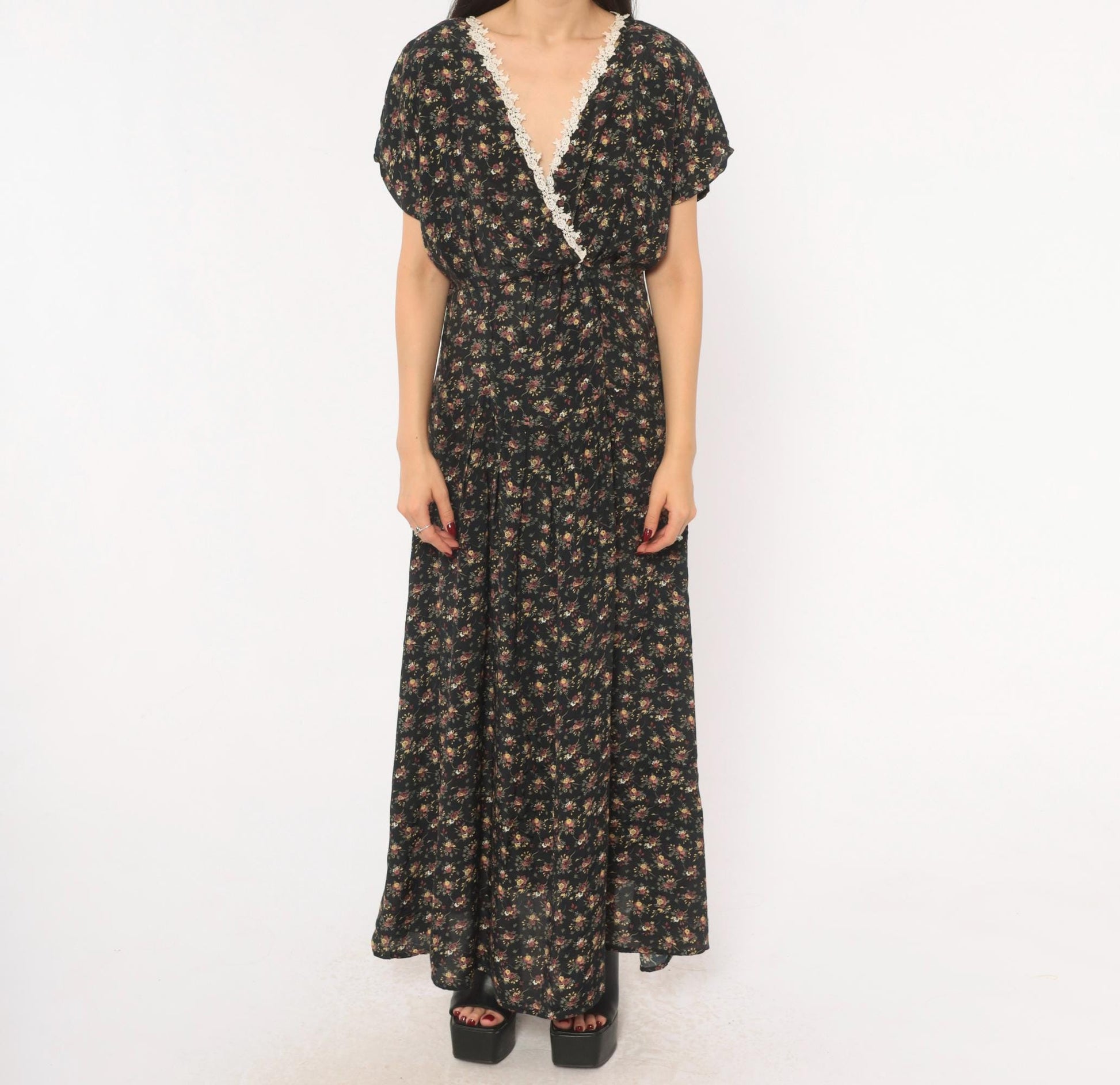 90s Ariana Black Floral Maxi Dress V-Neck Wrap Lace Trim Flutter Sleeve Large L