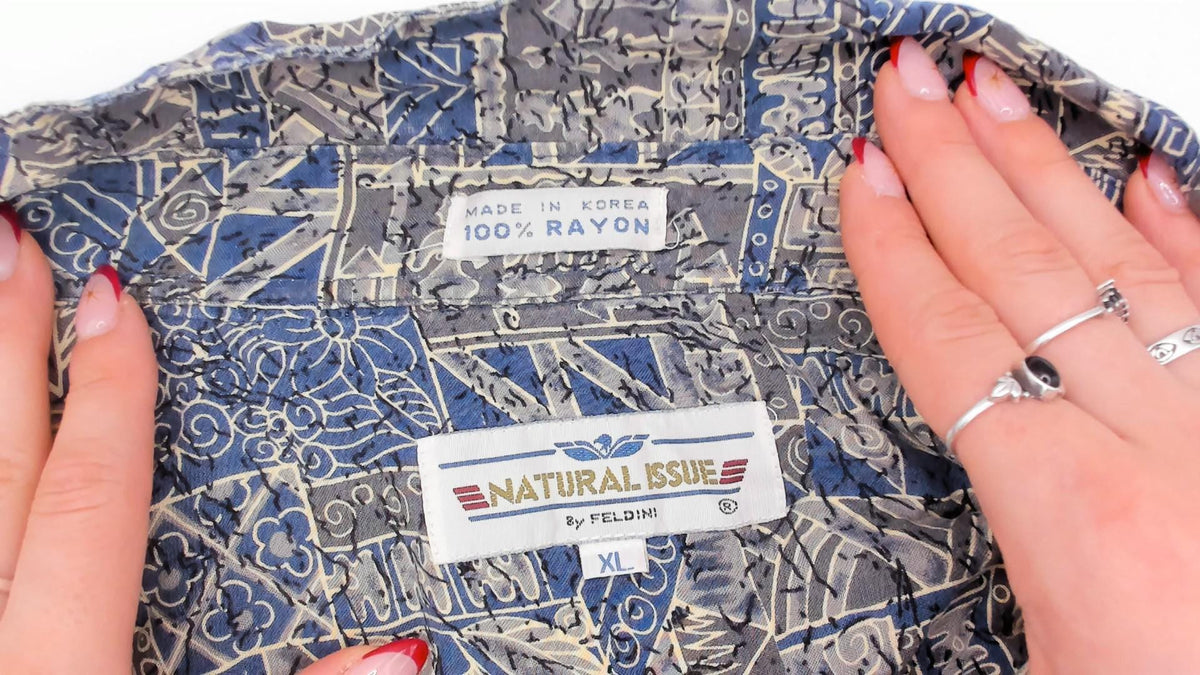 2000s Natural Issue Hawaiian Shirt Blue Cream Tribal Geometric Camp Shirt Extra Large XL
