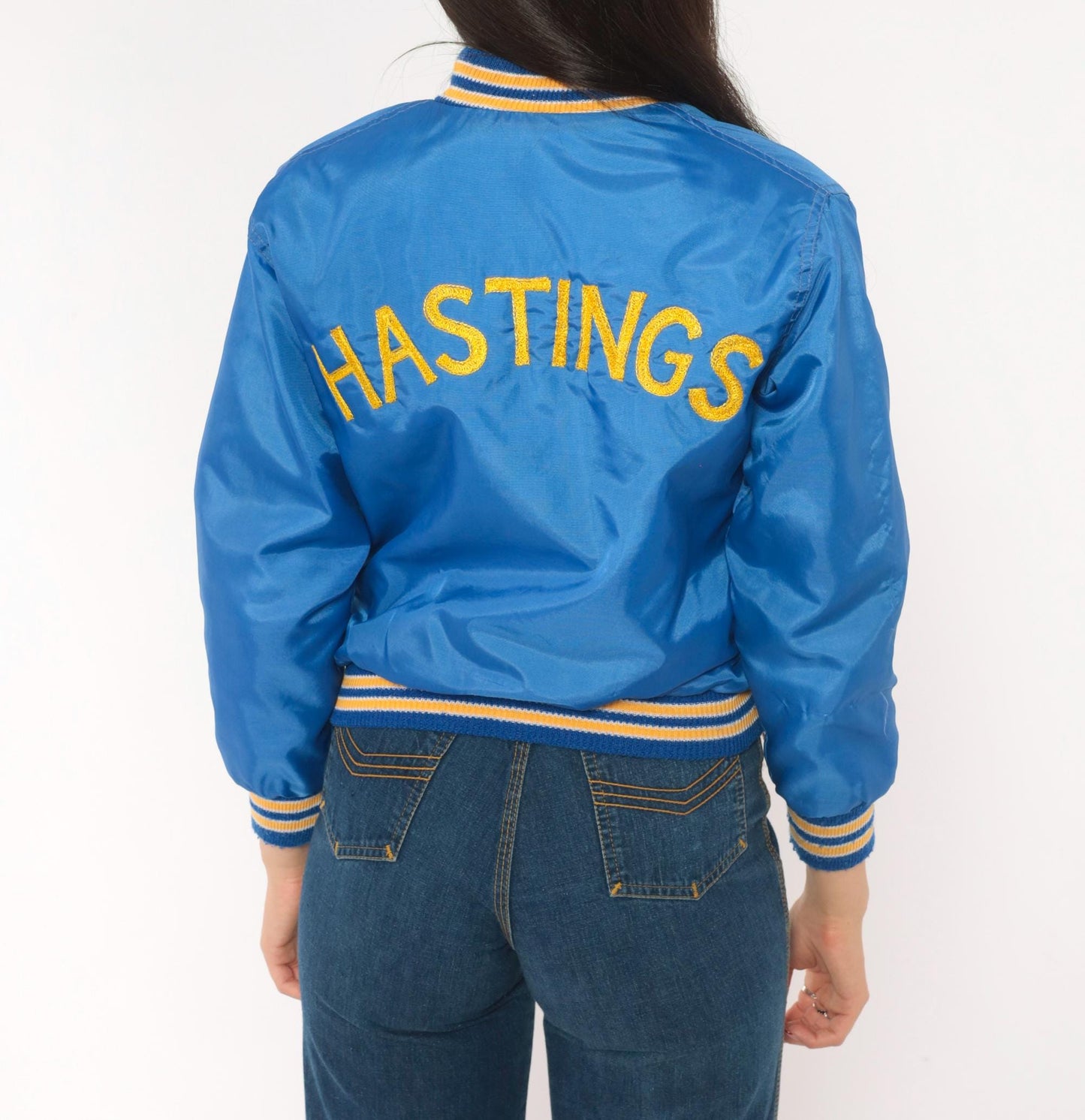 80s West Wind Royal Blue Satin Bomber Jacket Hastings Embroidered Gold Lined XS