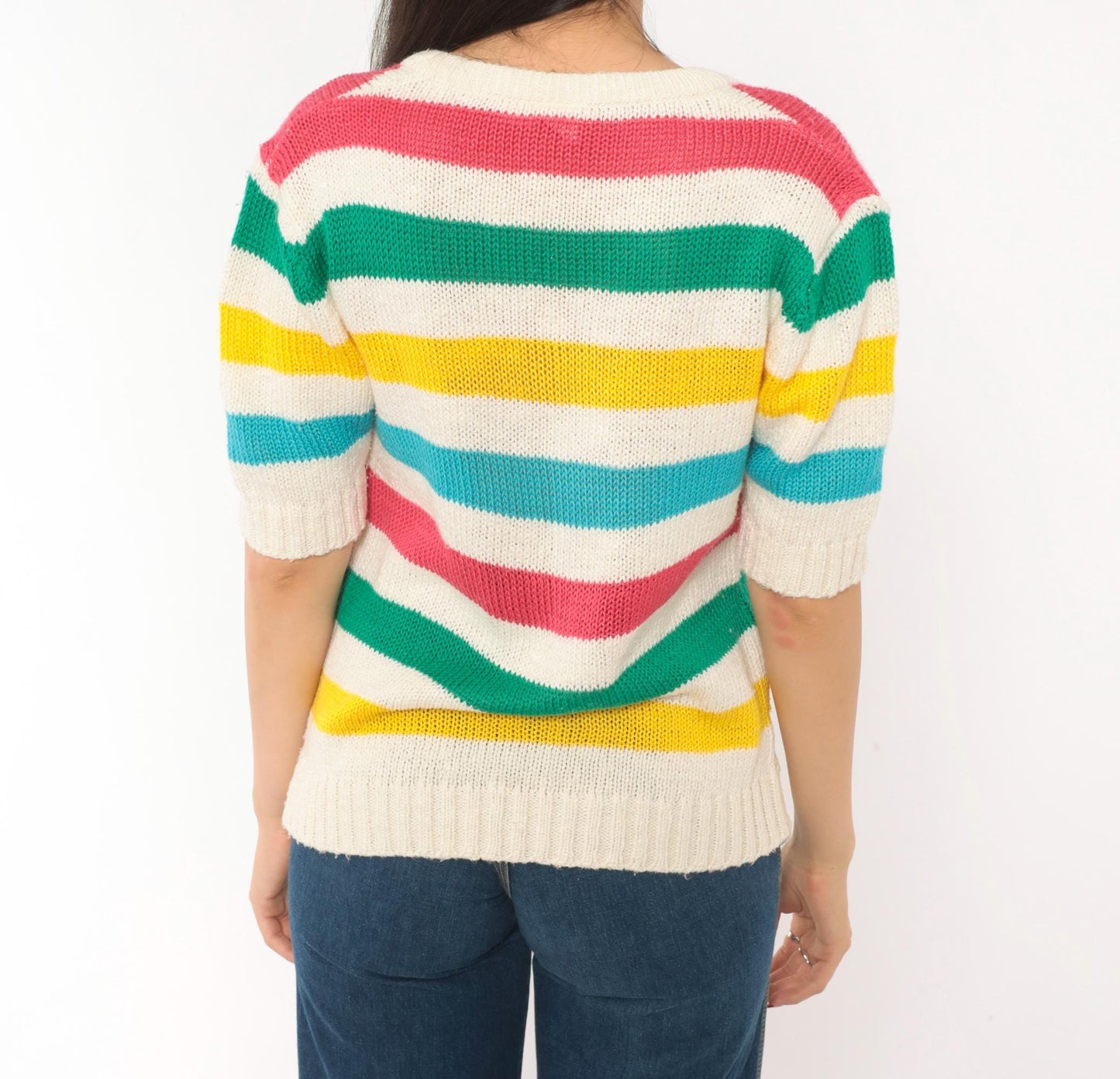 90s Brittania Rainbow Stripe V-Neck Knit Pullover Cream Cotton Medium M