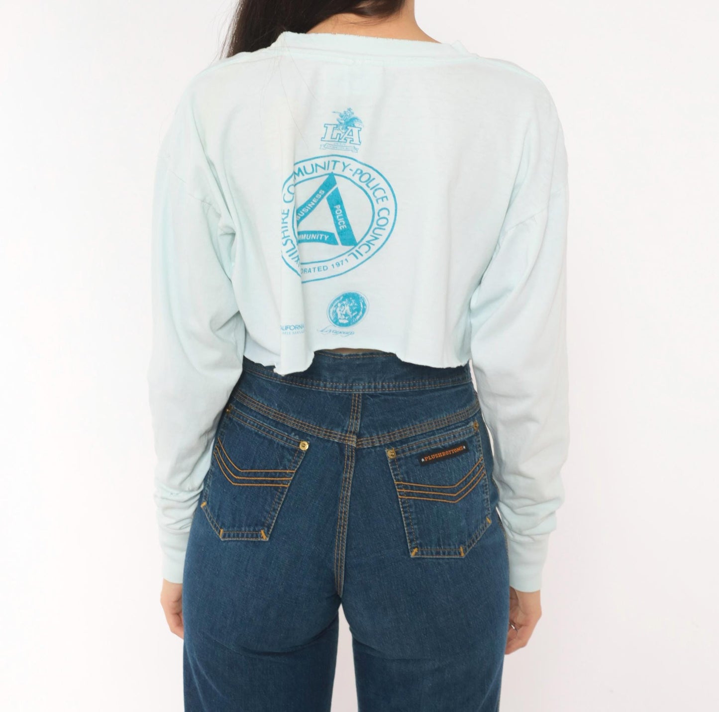 80s Run Against Crime 1989 Cartoon Turtle Police Crop Top Baby Blue Medium