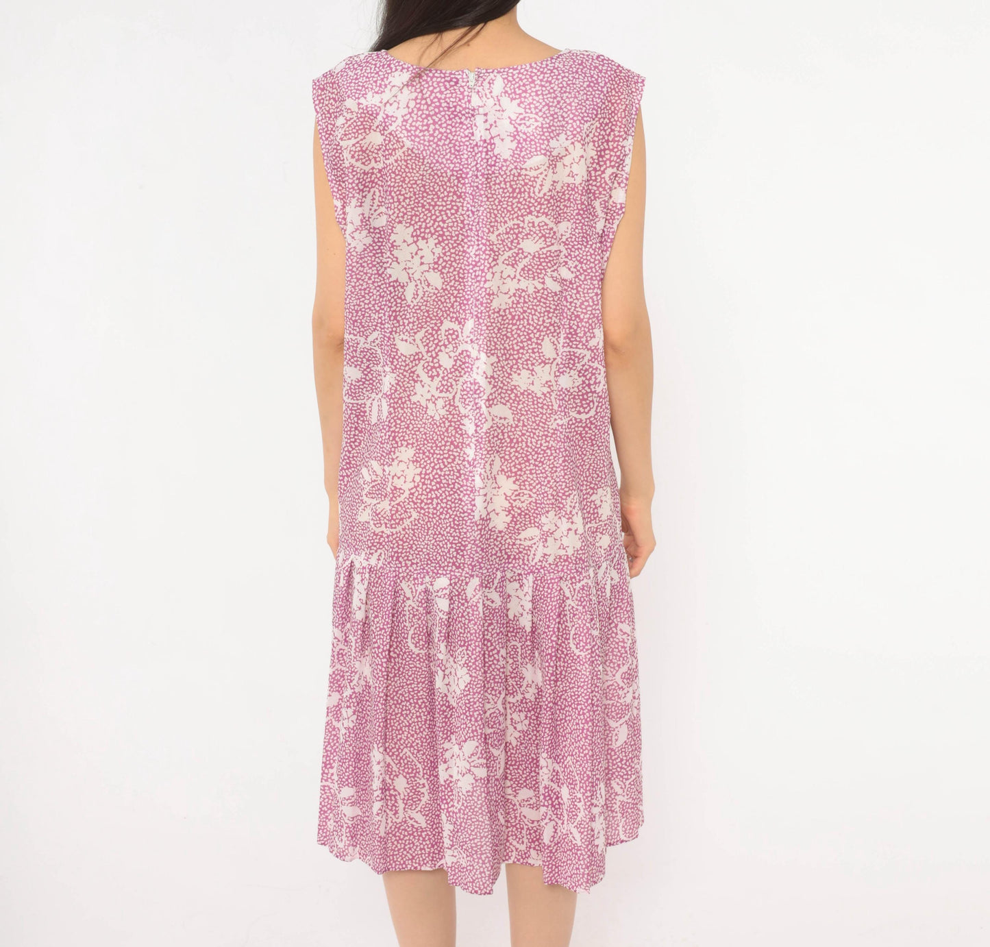 80s California Looks Floral Drop Waist Dress Purple White Knee Length XL