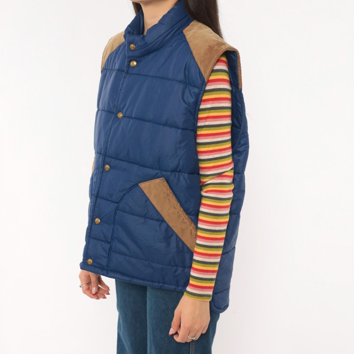 80s Navy Puffer Vest Quilted Suede Trim Snap Front Stand Collar Medium M