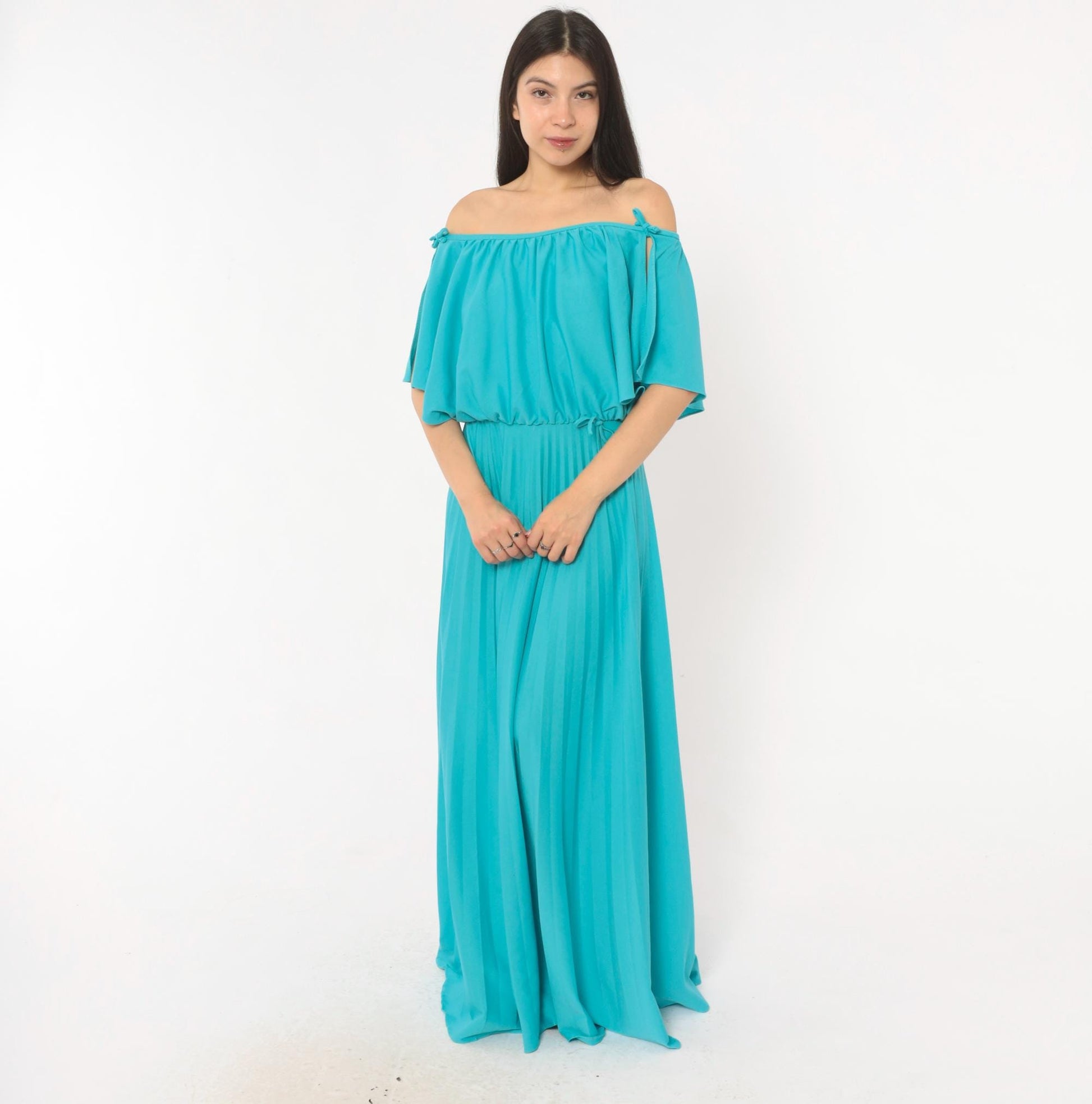 70s Turquoise Maxi Dress Cold Shoulder Flutter Sleeve Blouson Bodice Medium