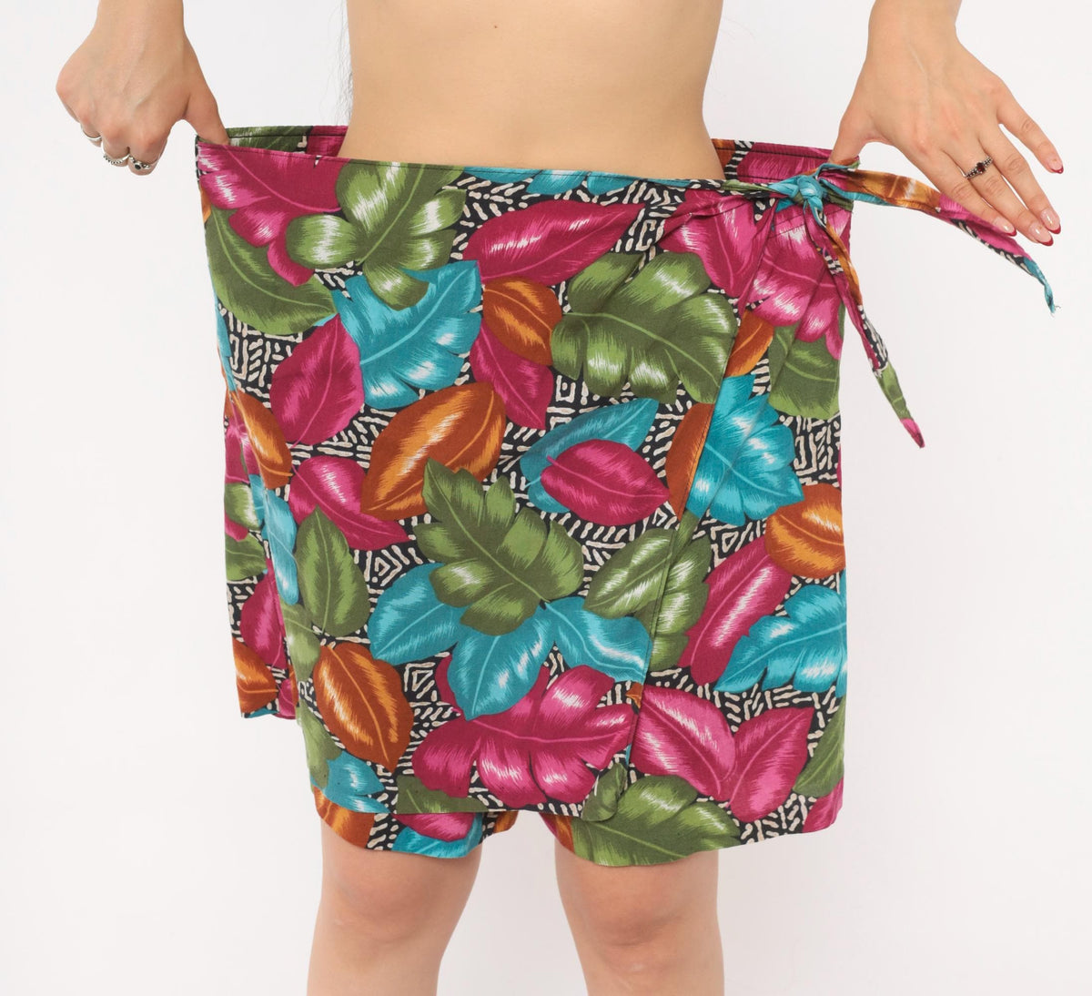 90s Cristin Stevens Tropical Leaf Wrap Skort Magenta Teal Mini Extra Large XL