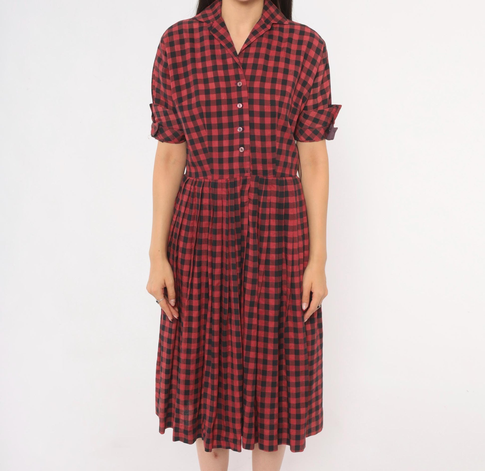 60s Meg Marlowe Buffalo Check Shirtdress Burgundy Black Plaid Cotton Small