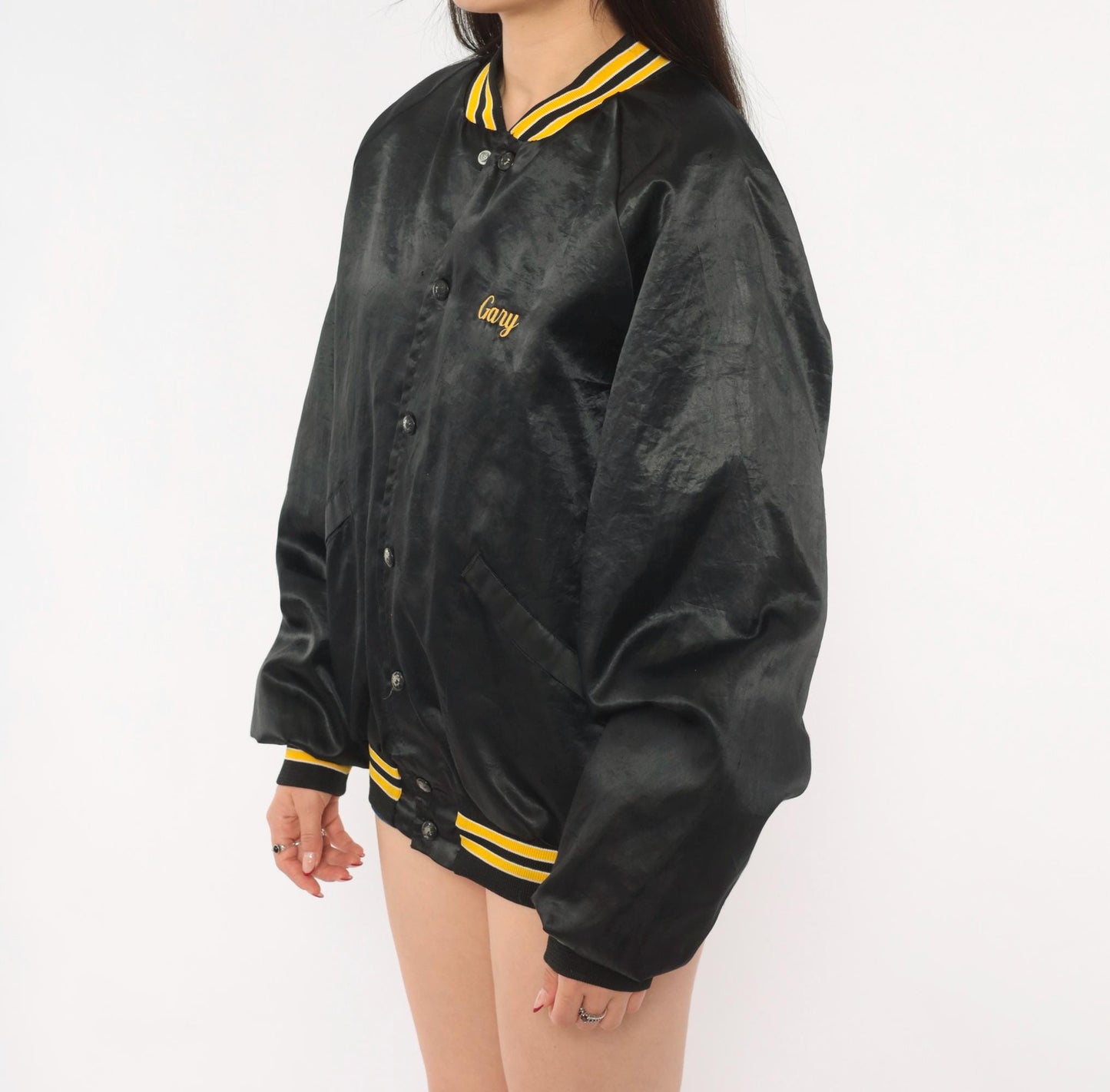 80s King Louie Pro Fit Wyoming Welding Satin Bomber Jacket Black Gold Large L