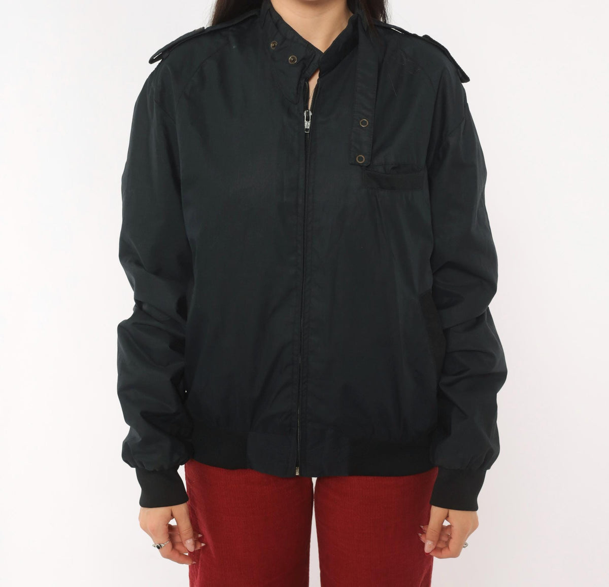 90s Black Bomber Jacket Zip Front Epaulette Military Windbreaker Medium