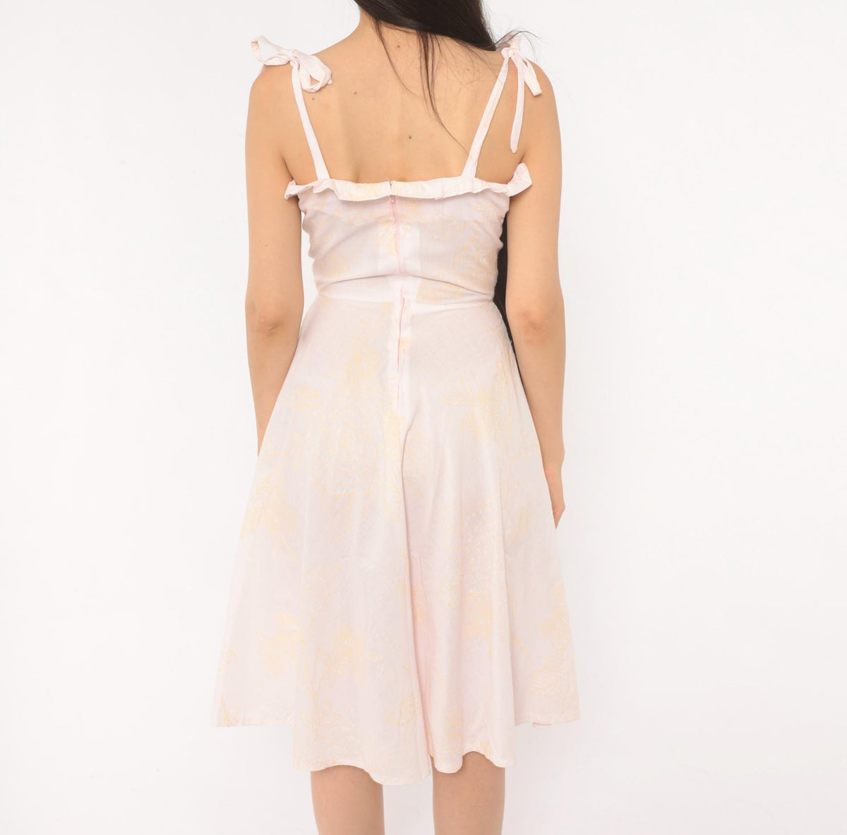 80s Blush Pink Floral Sundress Sweetheart Neckline Ruffle Tie Straps Extra Small XS