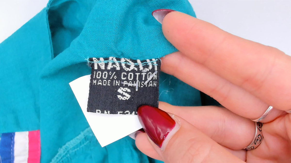 80s Naqui Teal Cotton Dress Embroidered Floral Yoke Puff Sleeve Small S