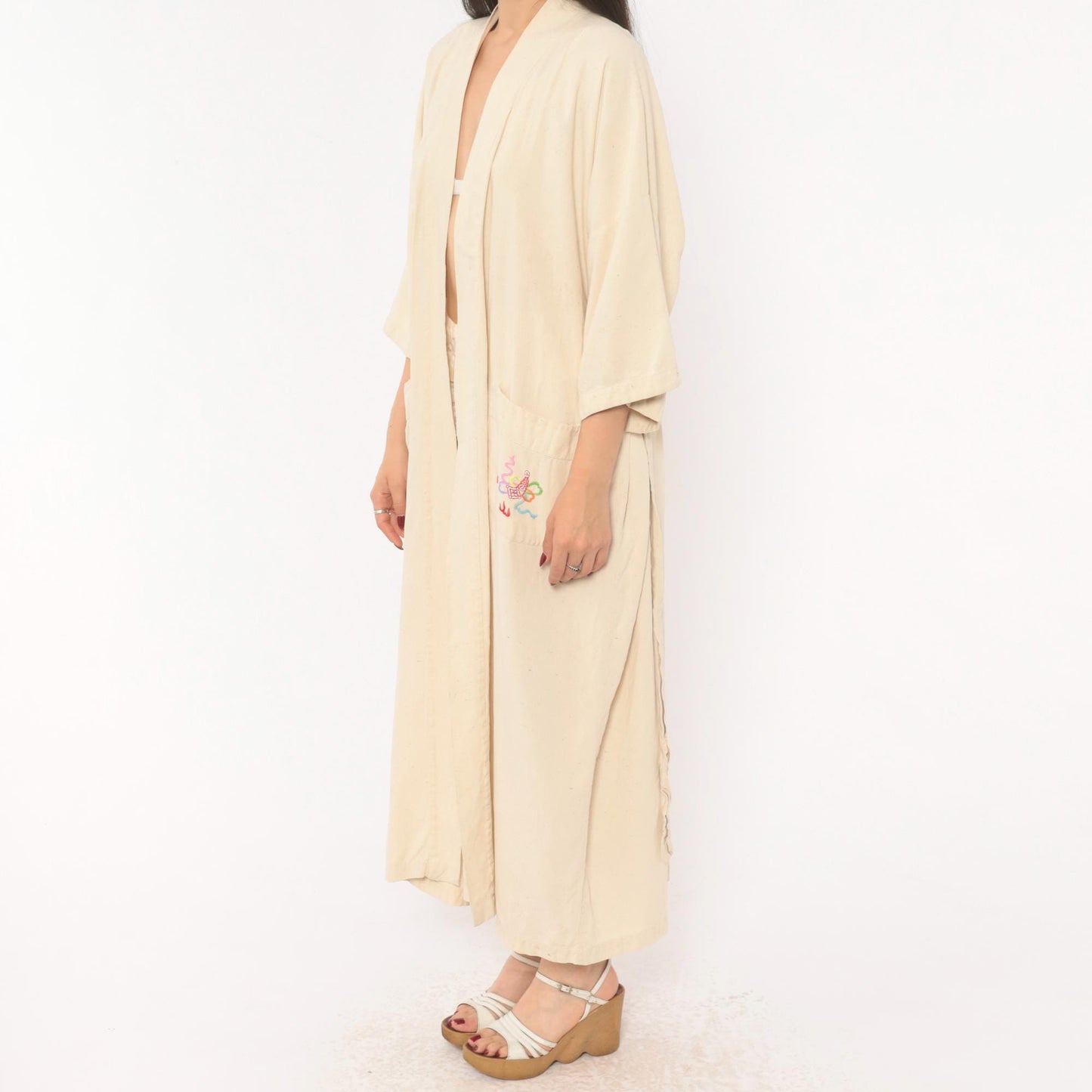 80s Health Silk Kimono Robe Dragon Embroidered Cream Midi Extra Large
