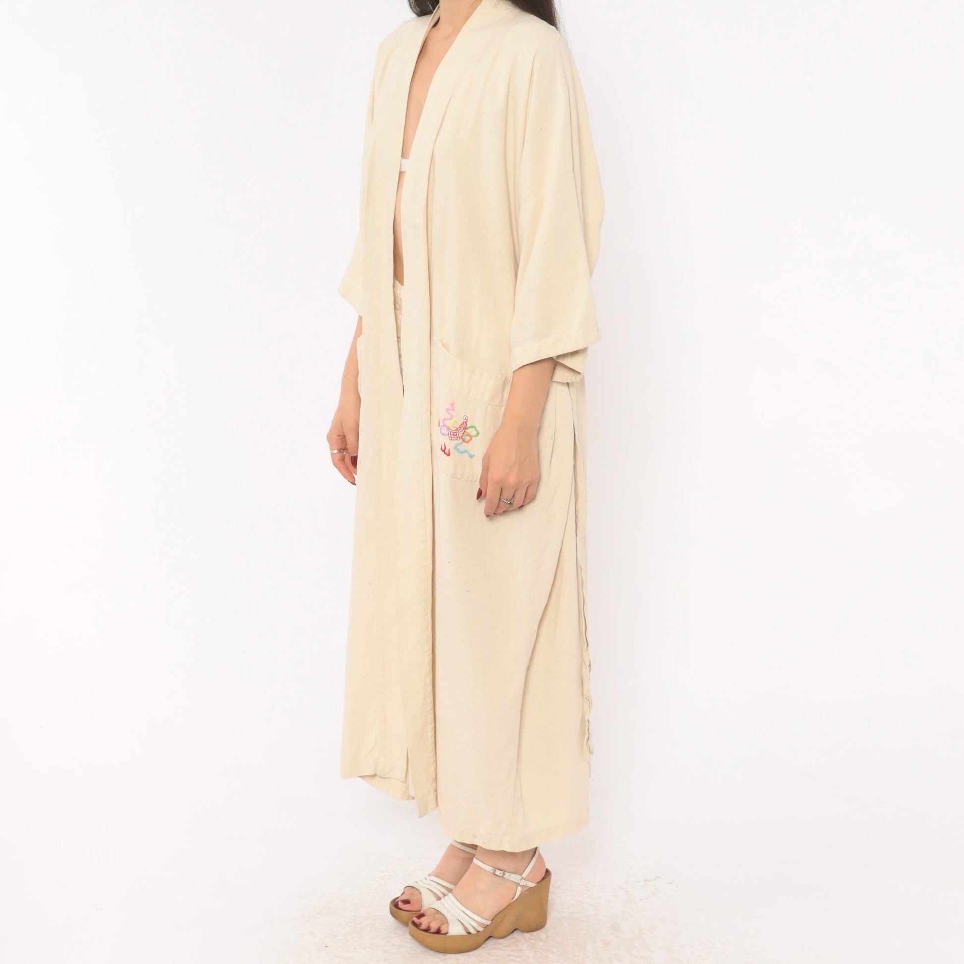 80s Health Silk Kimono Robe Dragon Embroidered Cream Midi Extra Large