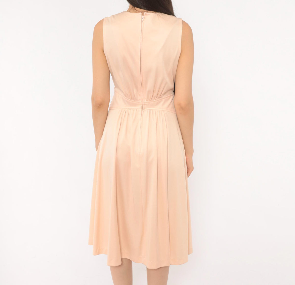 70s Plaza South Peach V-Neck Sundress Pleated Flare Midi Small