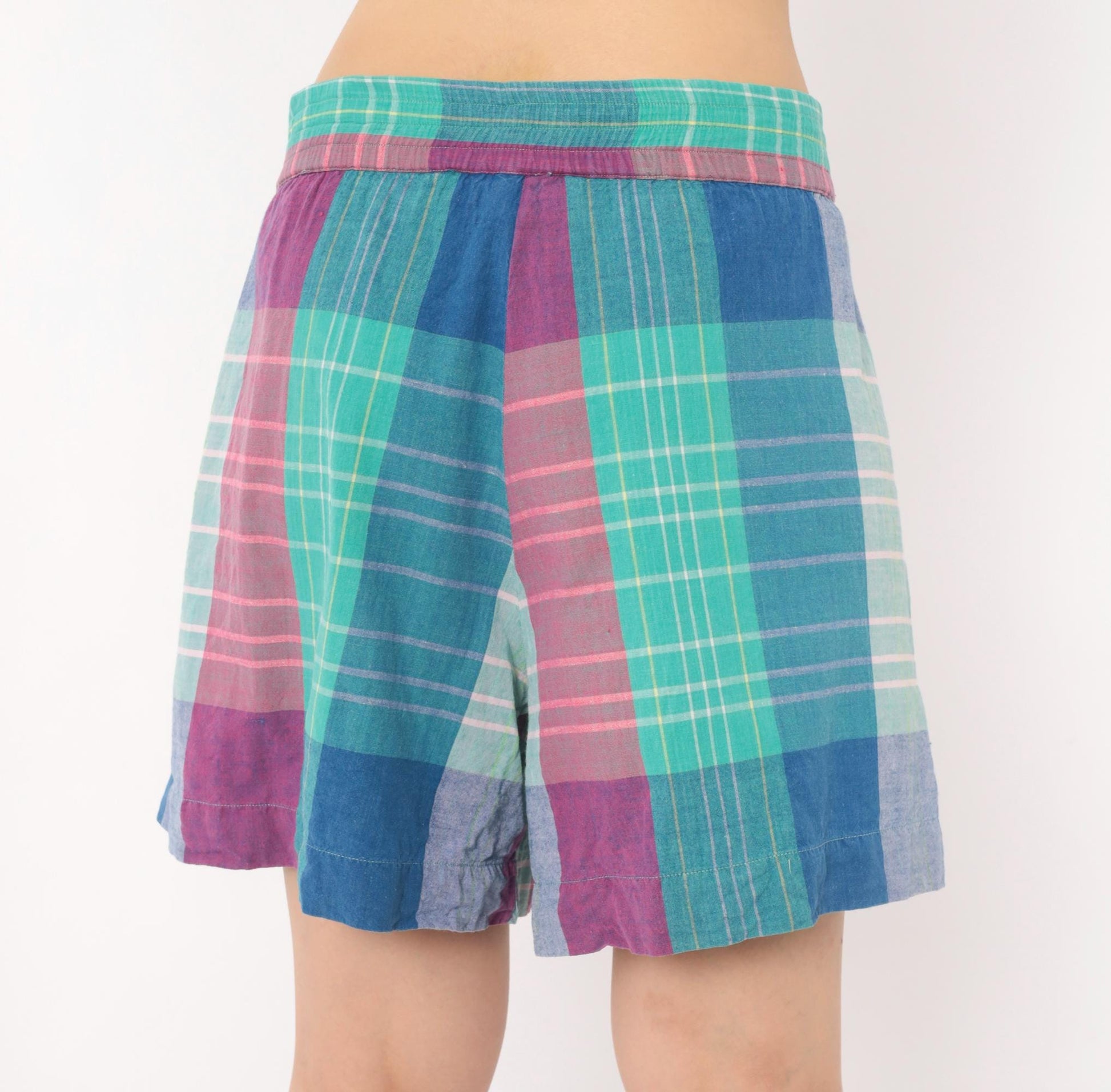 90s Technics Madras Plaid Shorts High Waisted Wide Leg Cotton Teal Pink Large L