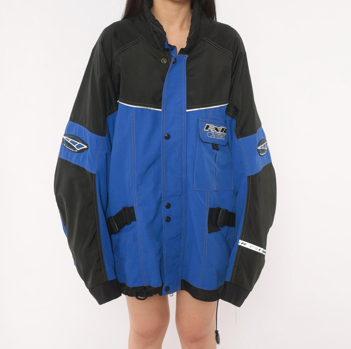 90s FXR X-Tech Snowmobile Jacket Blue Black Color Block Nylon Shell Extra Large XL
