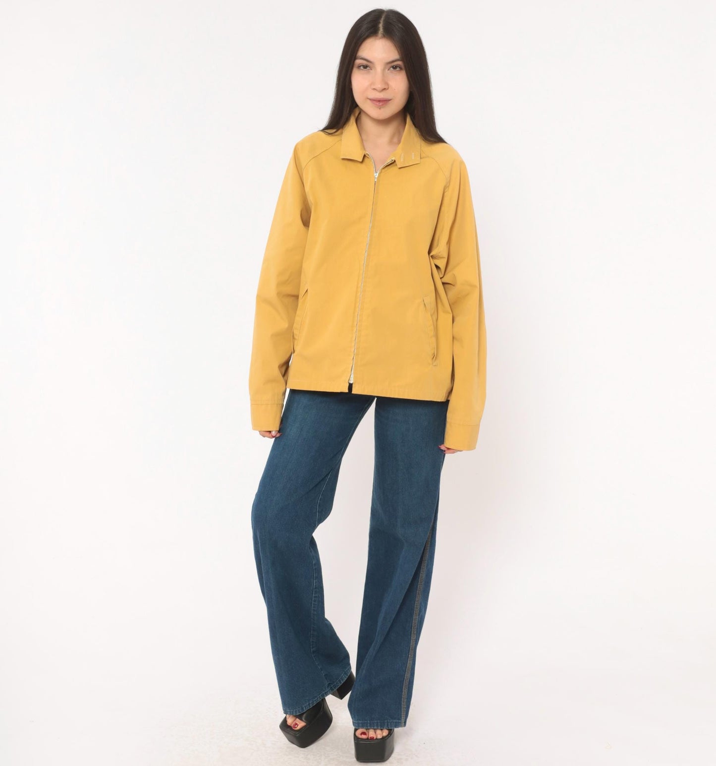 80s Mustard Harrington Jacket Zip Front Cotton Windbreaker Unisex Medium