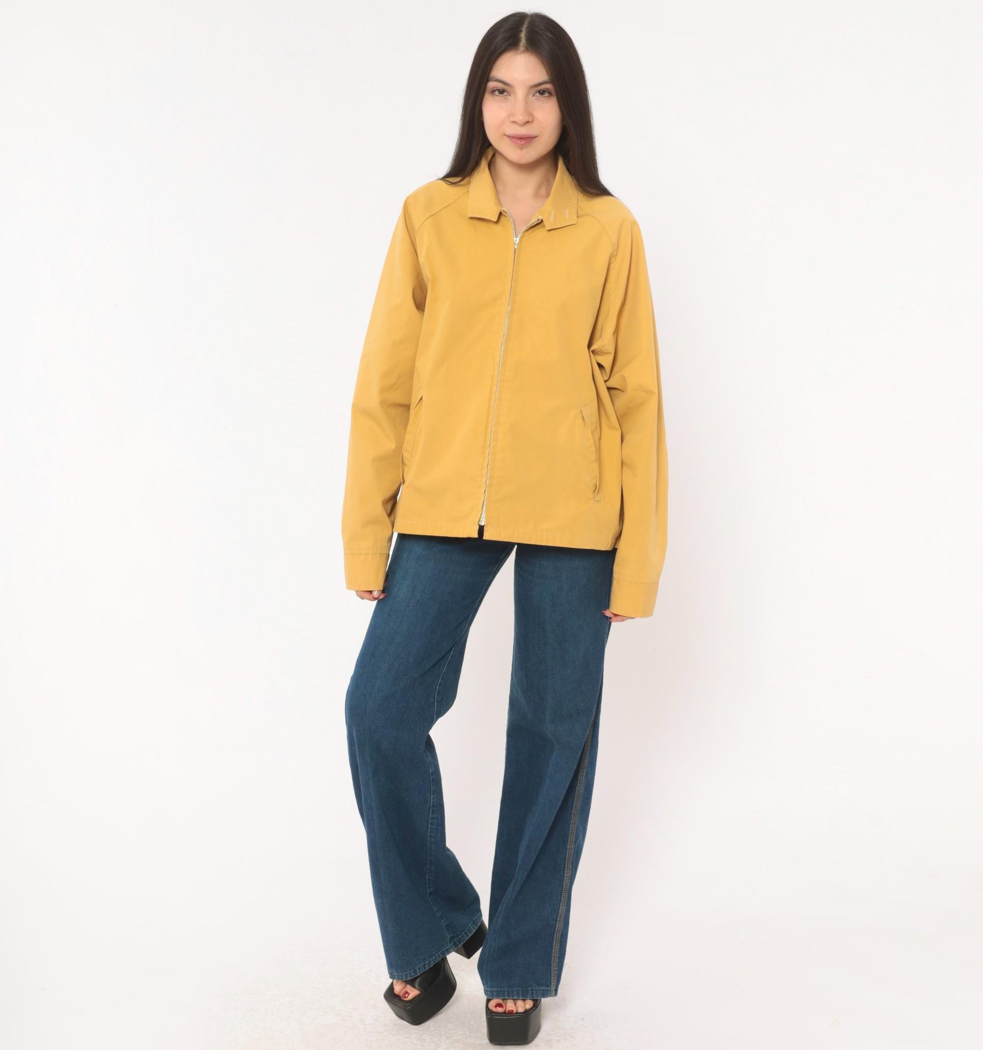 80s Mustard Harrington Jacket Zip Front Cotton Windbreaker Unisex Medium