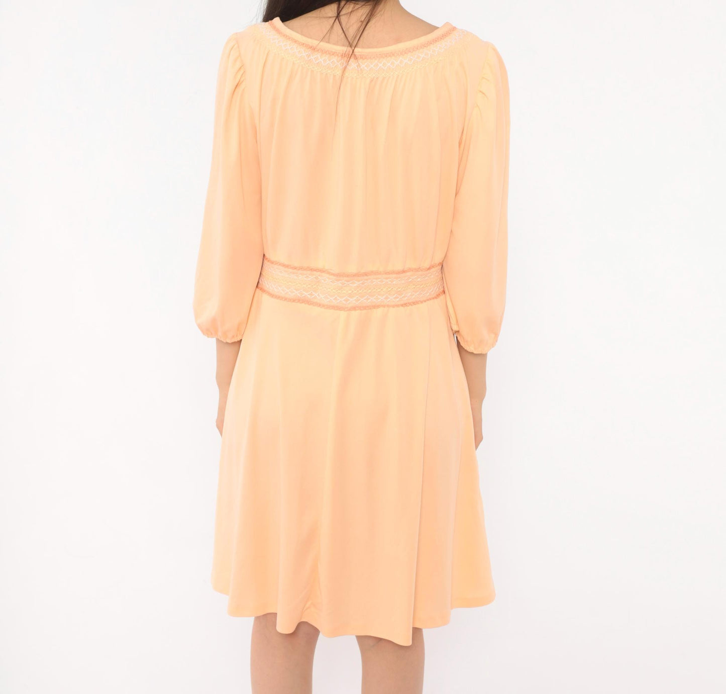 70s Peach Peasant Dress Puff Sleeve Smocked Embroidery Knee Length Large L