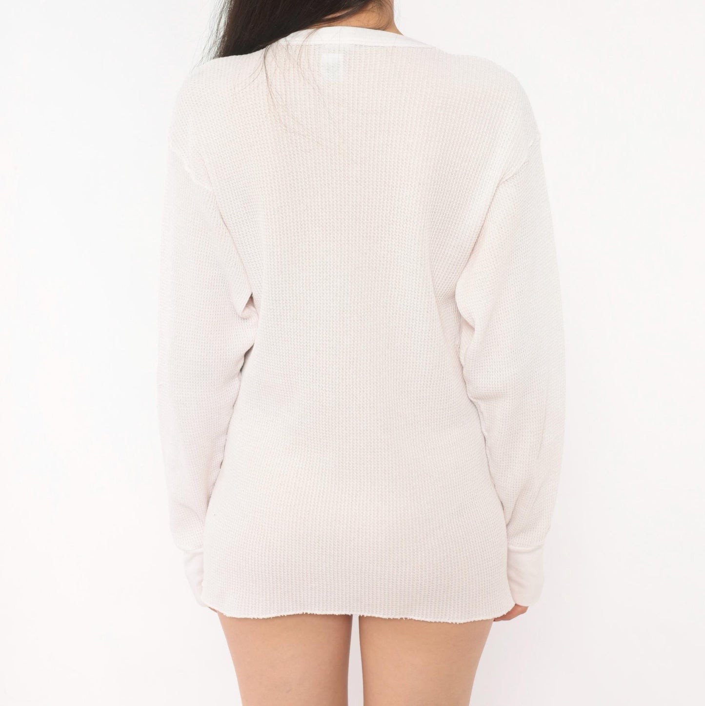 90s Waffle Knit Thermal Ivory Scoop Neck Long Sleeve Cotton Tee Large
