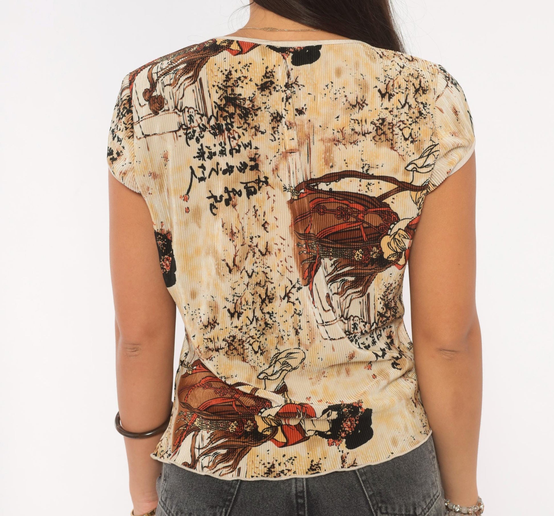 Y2K Pretty Girl Geisha Cap Sleeve Top Tan Brown Red Small S