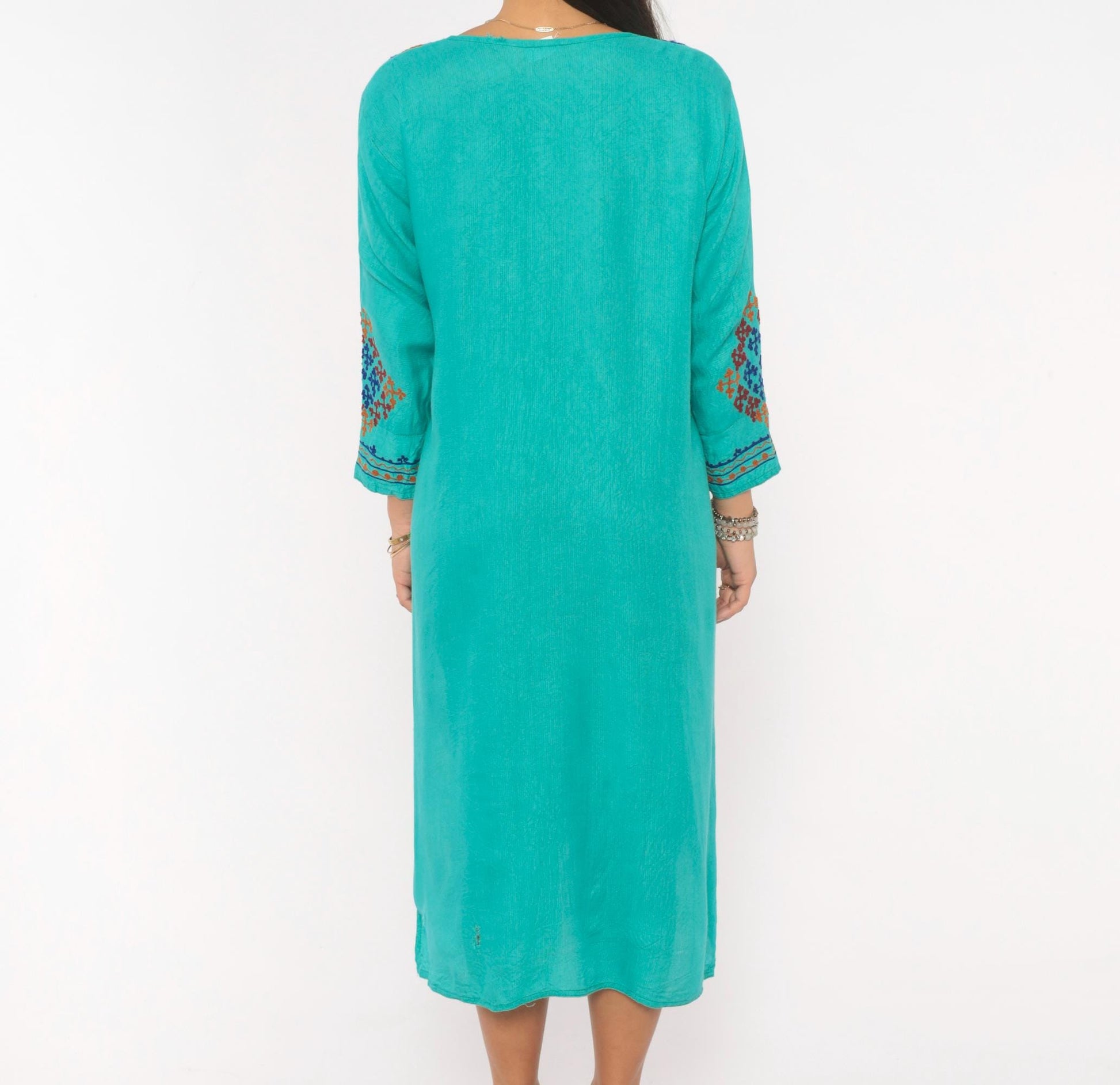 Y2K Teal Cotton Kaftan Embroidered Cross Stitch Diamond Tunic Dress Medium M