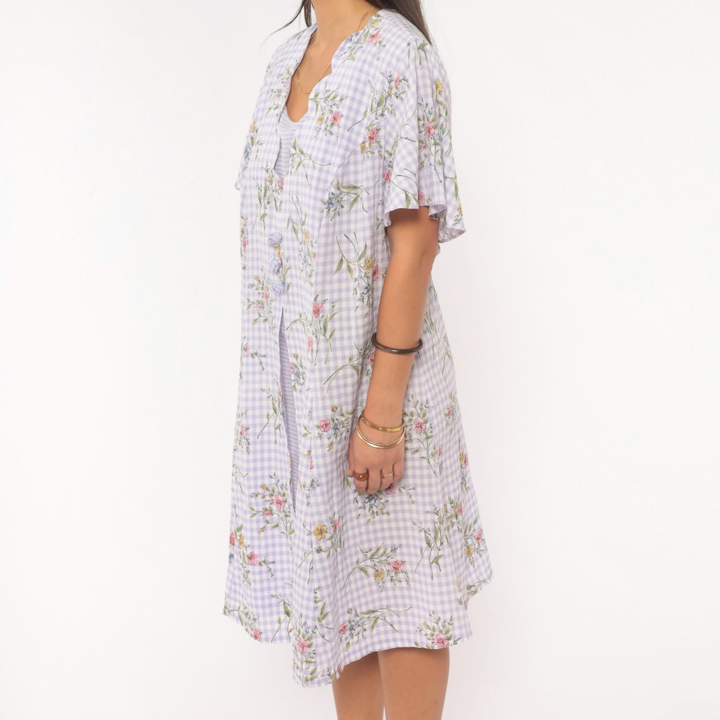 90s Sarah Richards Plus Lavender Gingham Floral Dress Flutter Sleeve A-Line Extra Large XXL