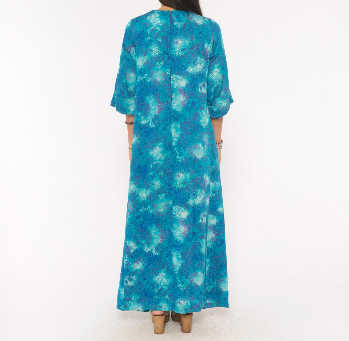 70s Psychedelic Floral Maxi Dress Blue Purple Teal Cotton Square Neck Medium