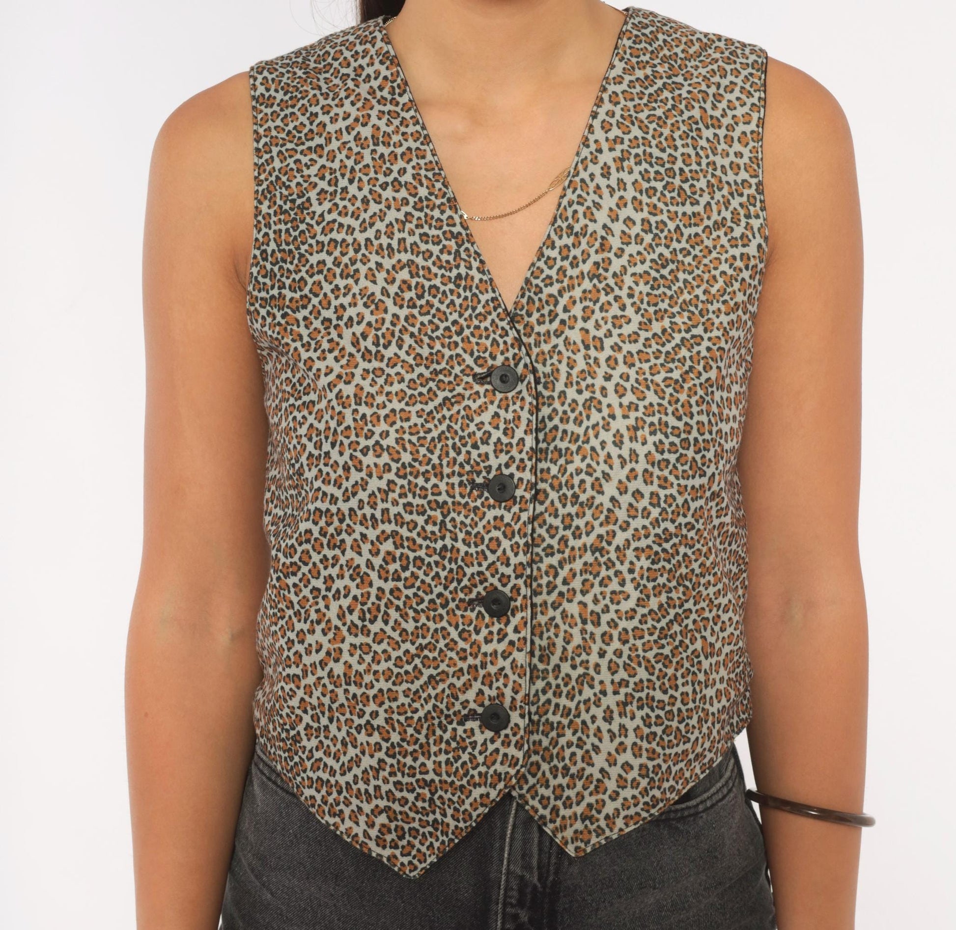 90s Reversible Leopard Cheetah Vest Black Tan Button Front V Neck Extra Small XS