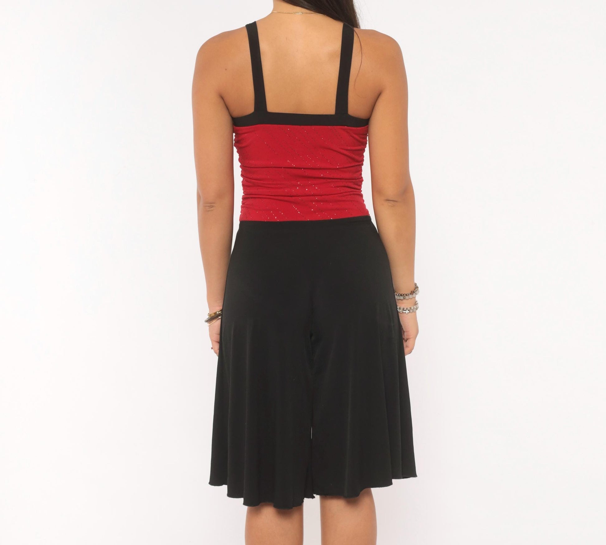 Y2K Byergirl Red Glitter Black Wide-Leg Jumpsuit Ruched Bodice XS