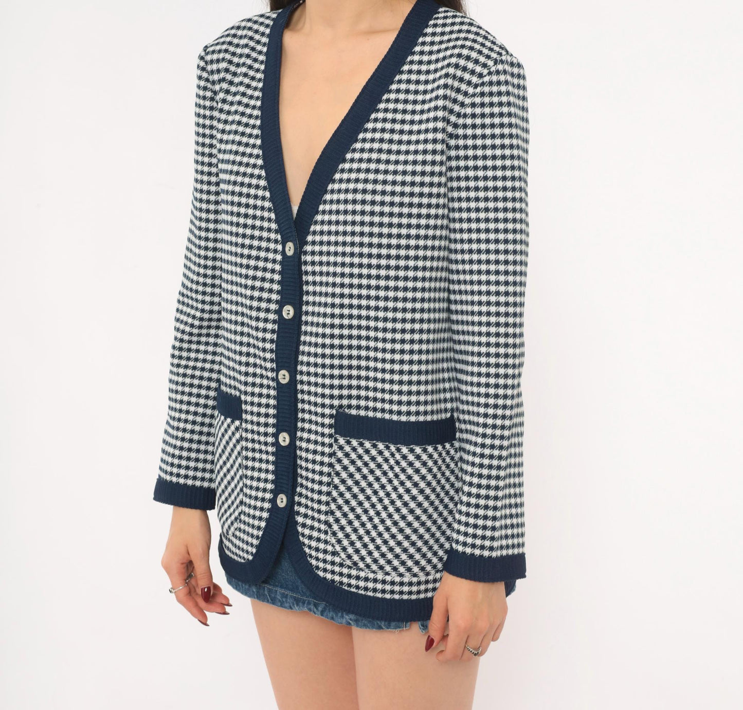 70s Jack Winter Houndstooth Cardigan Navy White Check Knit Medium M