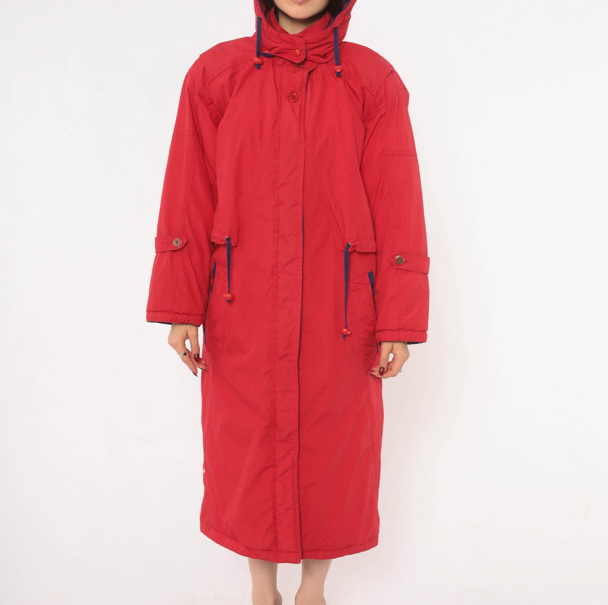 80s Red Duck Down Parka Long Hooded Coat Navy Trim Small S