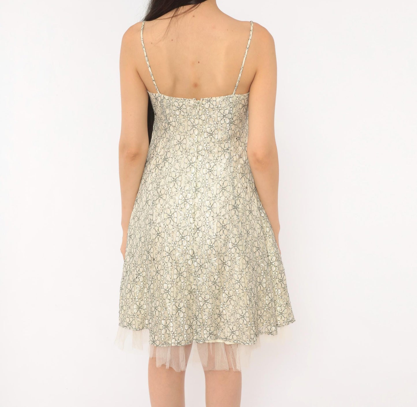 Y2K Intrigue Lace Floral Sundress Cream Black Satin Ribbon Empire Waist Extra Small XS