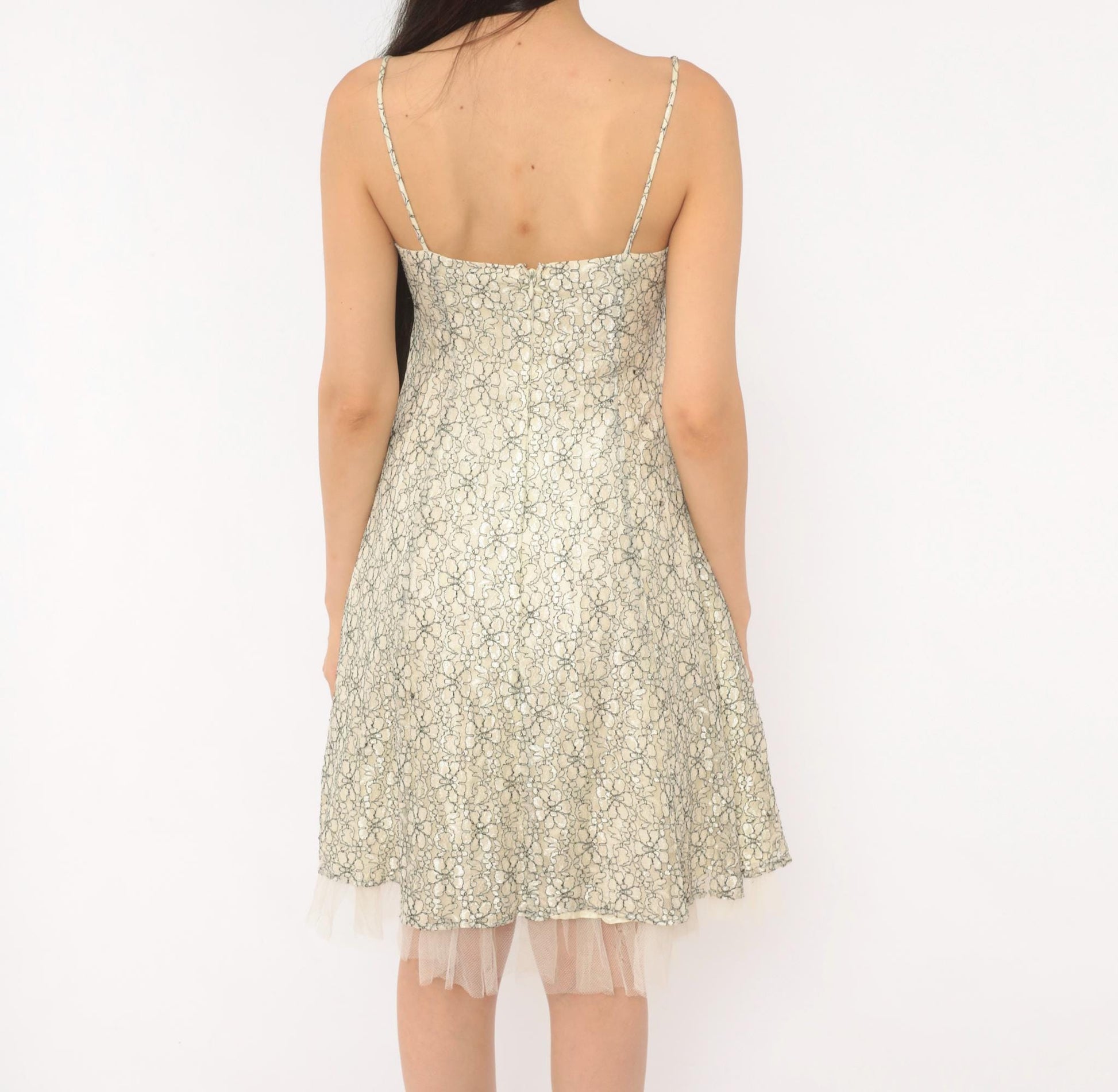 Y2K Intrigue Lace Floral Sundress Cream Black Satin Ribbon Empire Waist Extra Small XS