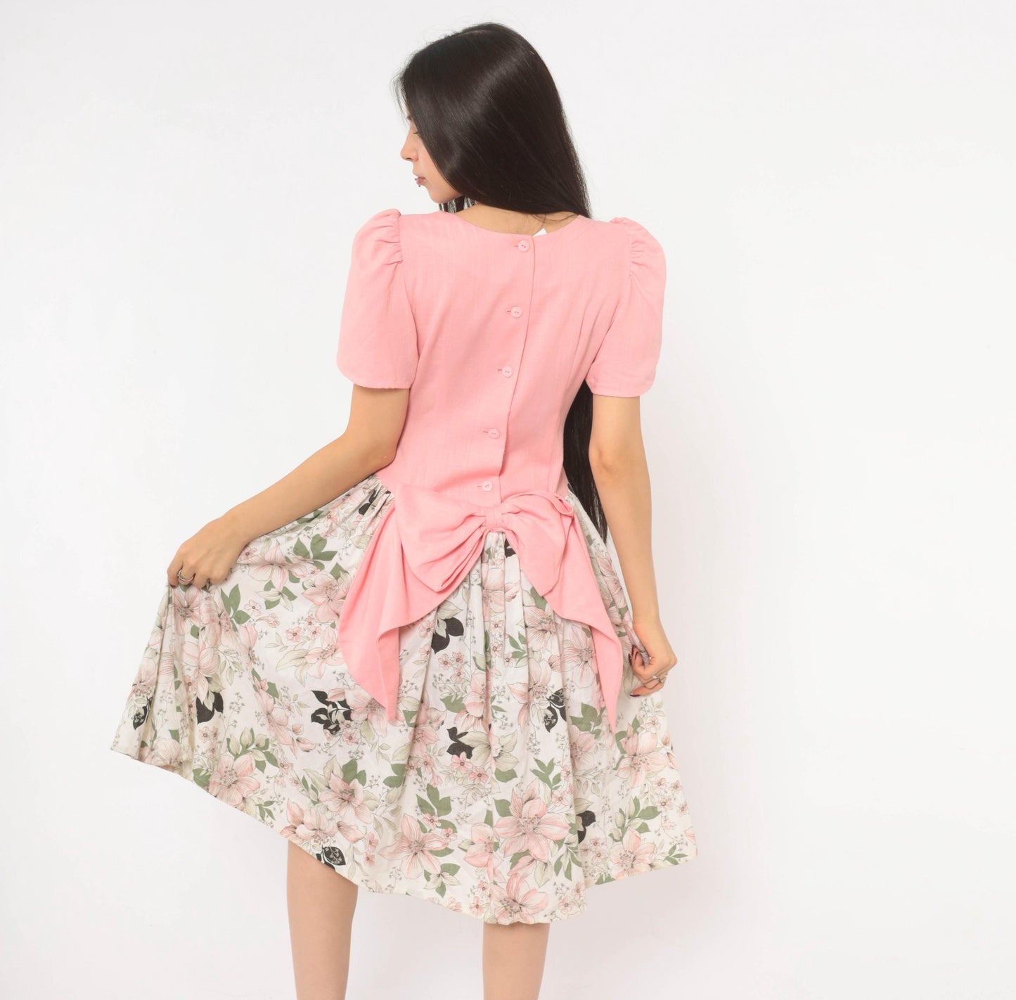 80s Pink Floral Puff Sleeve Dress Bow Back Drop Waist Cotton Small