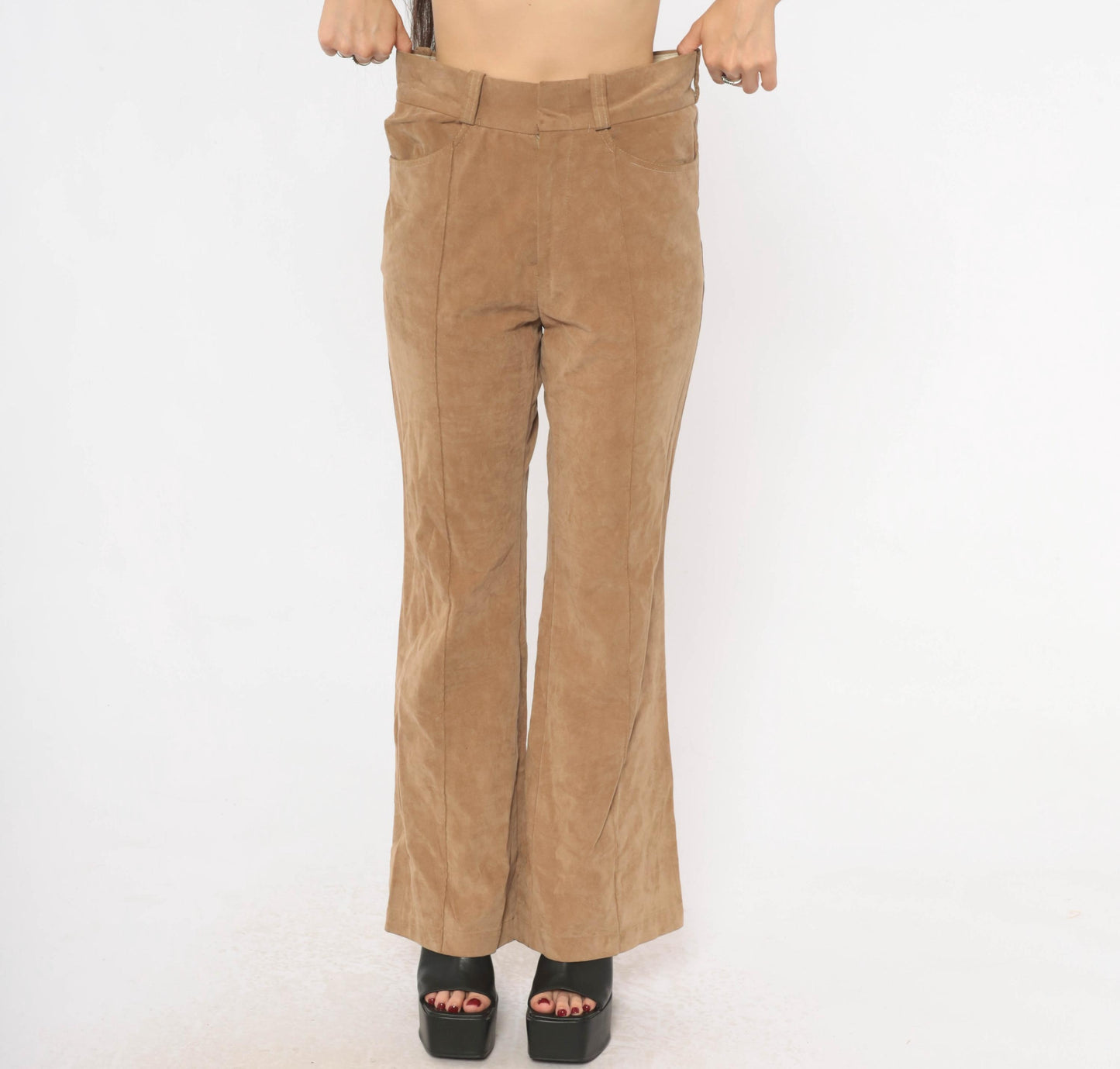 80s Lew Magram Faux Suede Flare Pants Tan High Waist Bell Bottom Small S