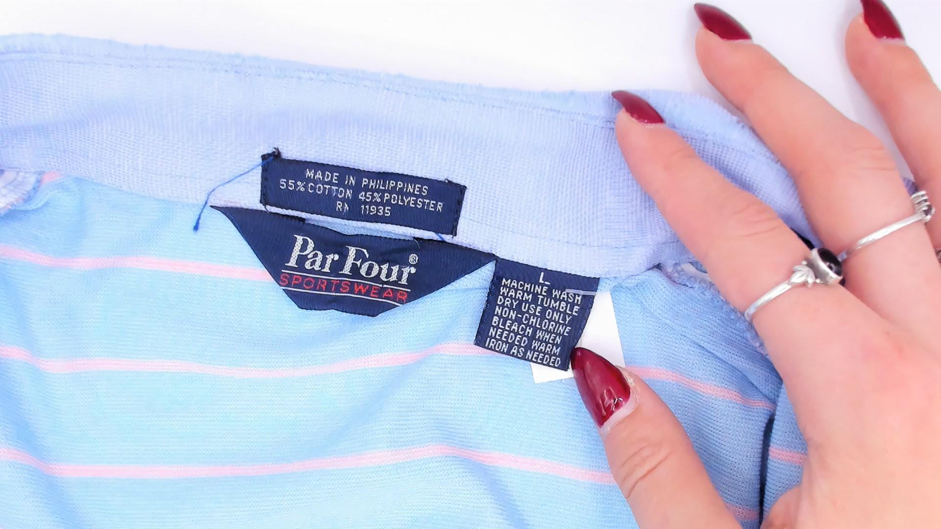 80s Par Four Striped Polo Shirt Blue Pink Chest Pocket Medium