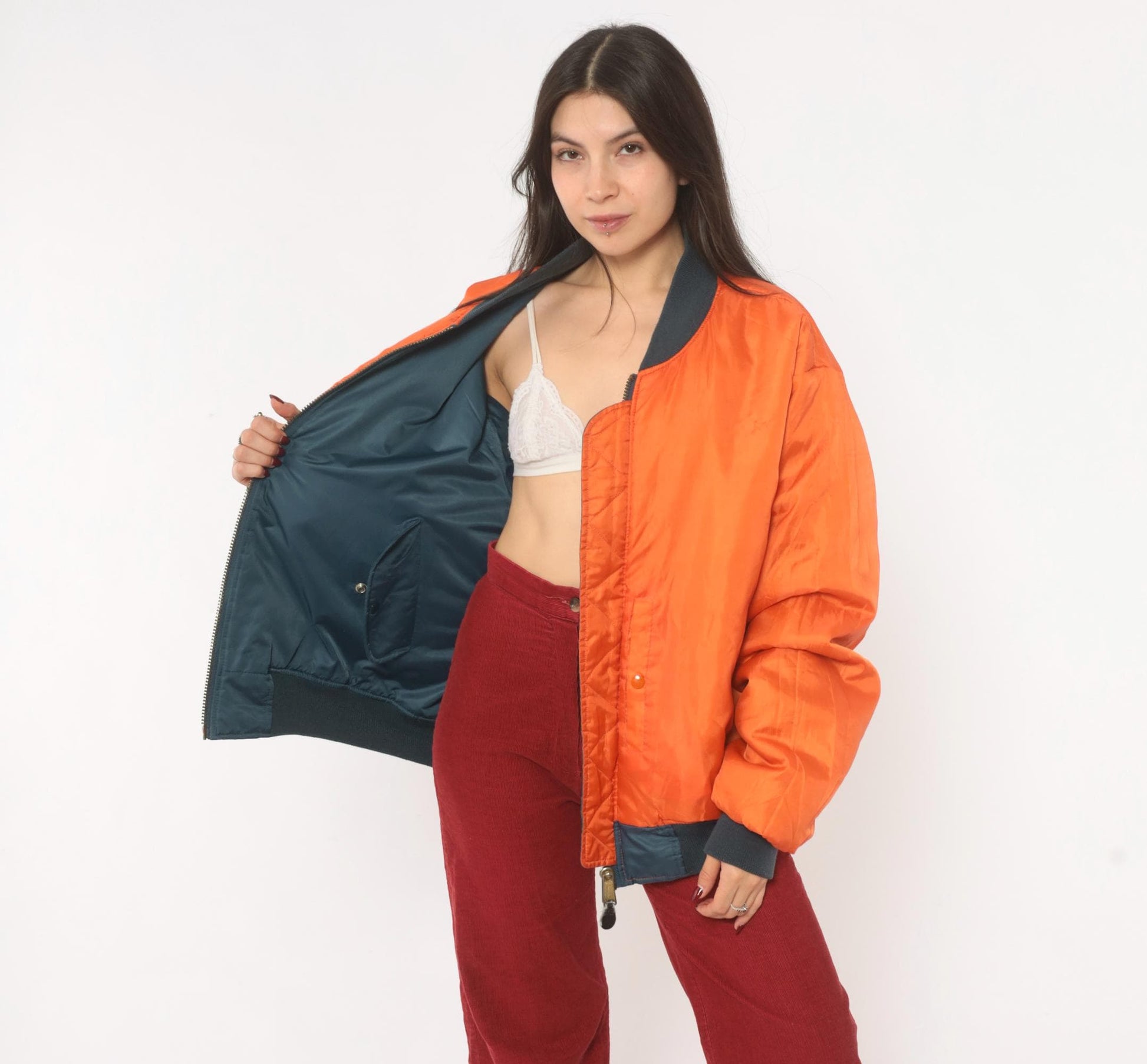 90s Rothco MA-1 Bomber Jacket Slate Blue Reversible Orange Flight Coat Large L