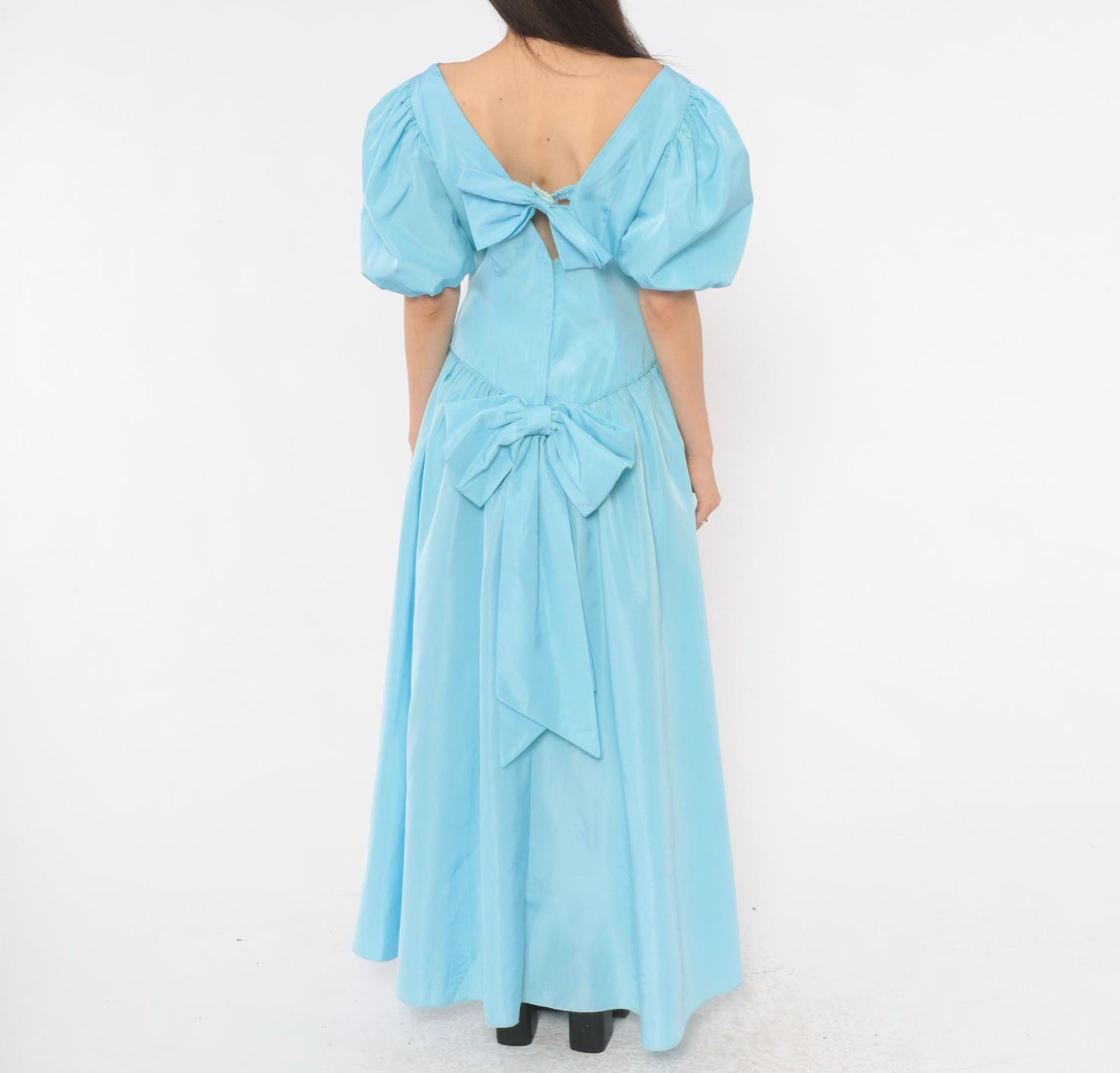 80s Sky Blue Puff Sleeve Gown Sweetheart Neckline Bow Back Maxi Medium M