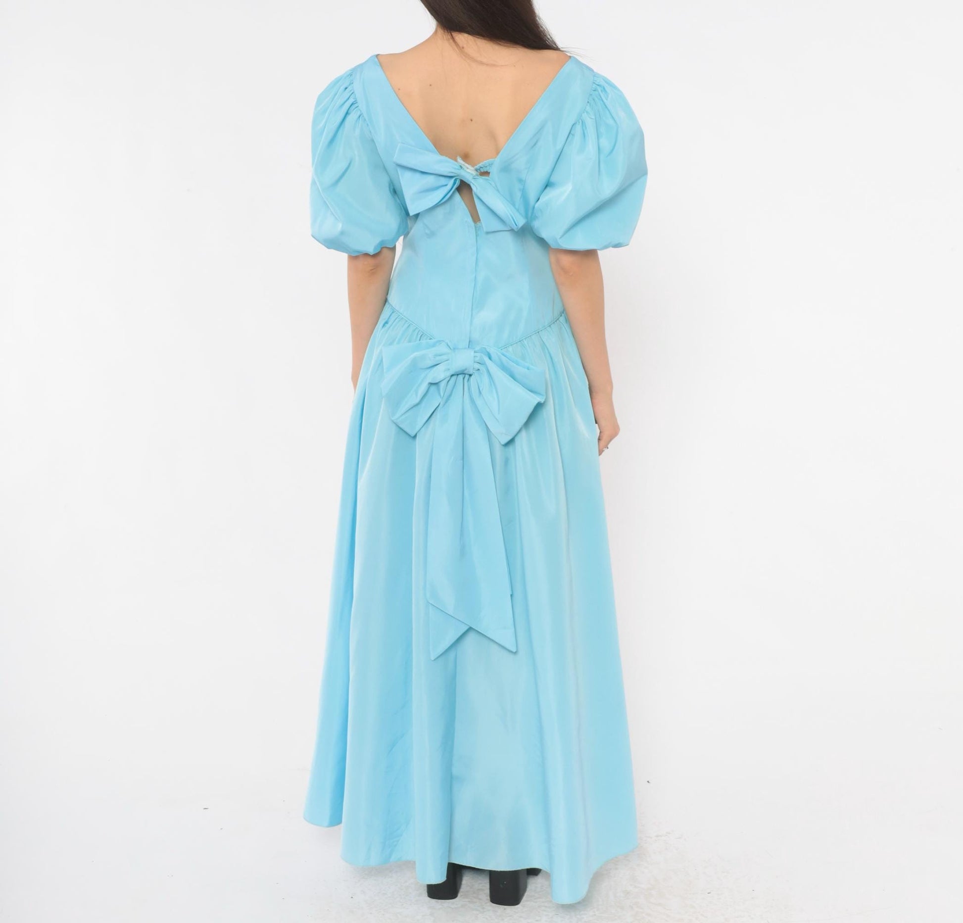 80s Sky Blue Puff Sleeve Gown Sweetheart Neckline Bow Back Maxi Medium M
