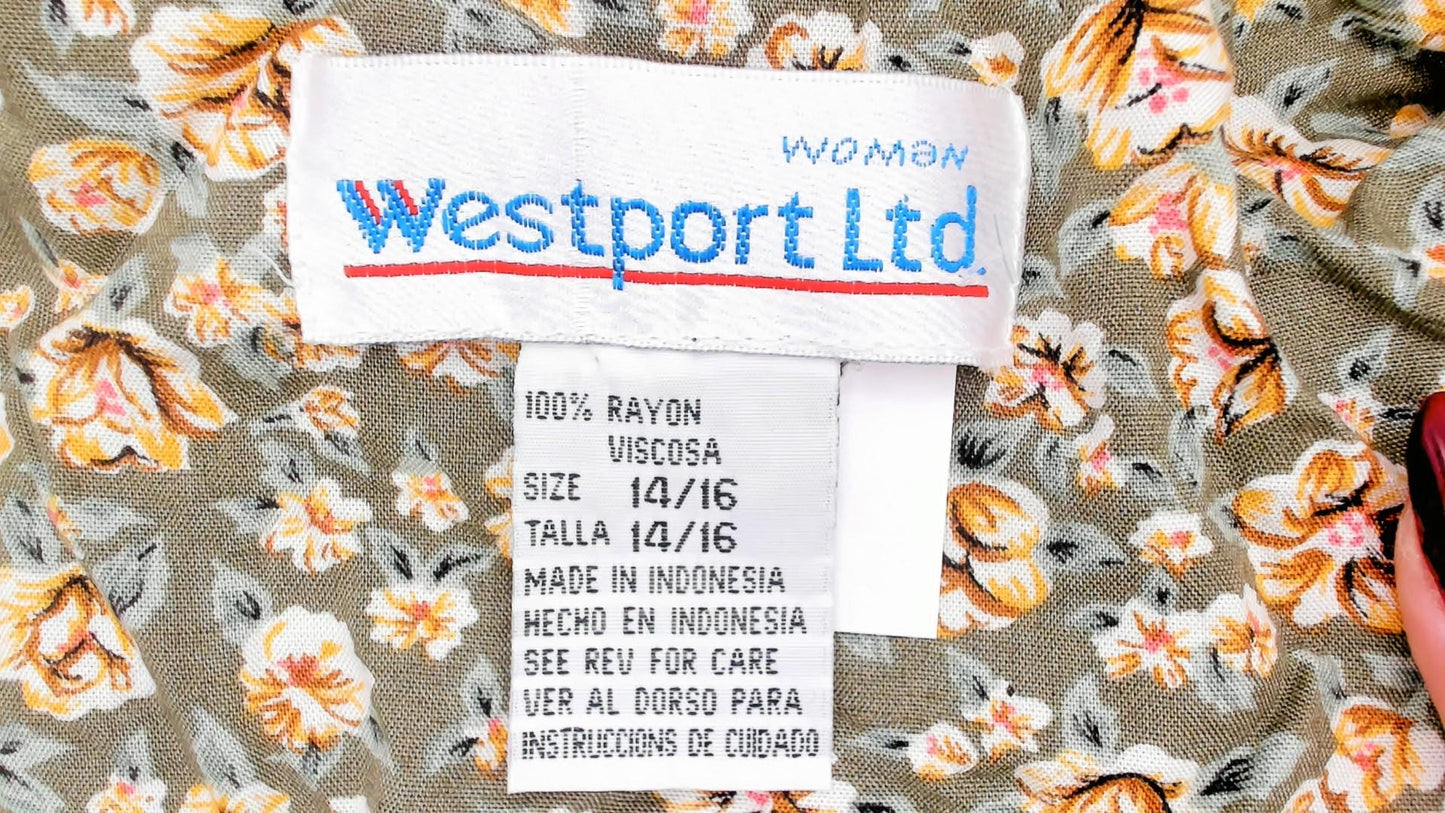 90s Westport Ltd. Floral Midi Romper Button Front Calico Print Olive Cream Extra Large XXL