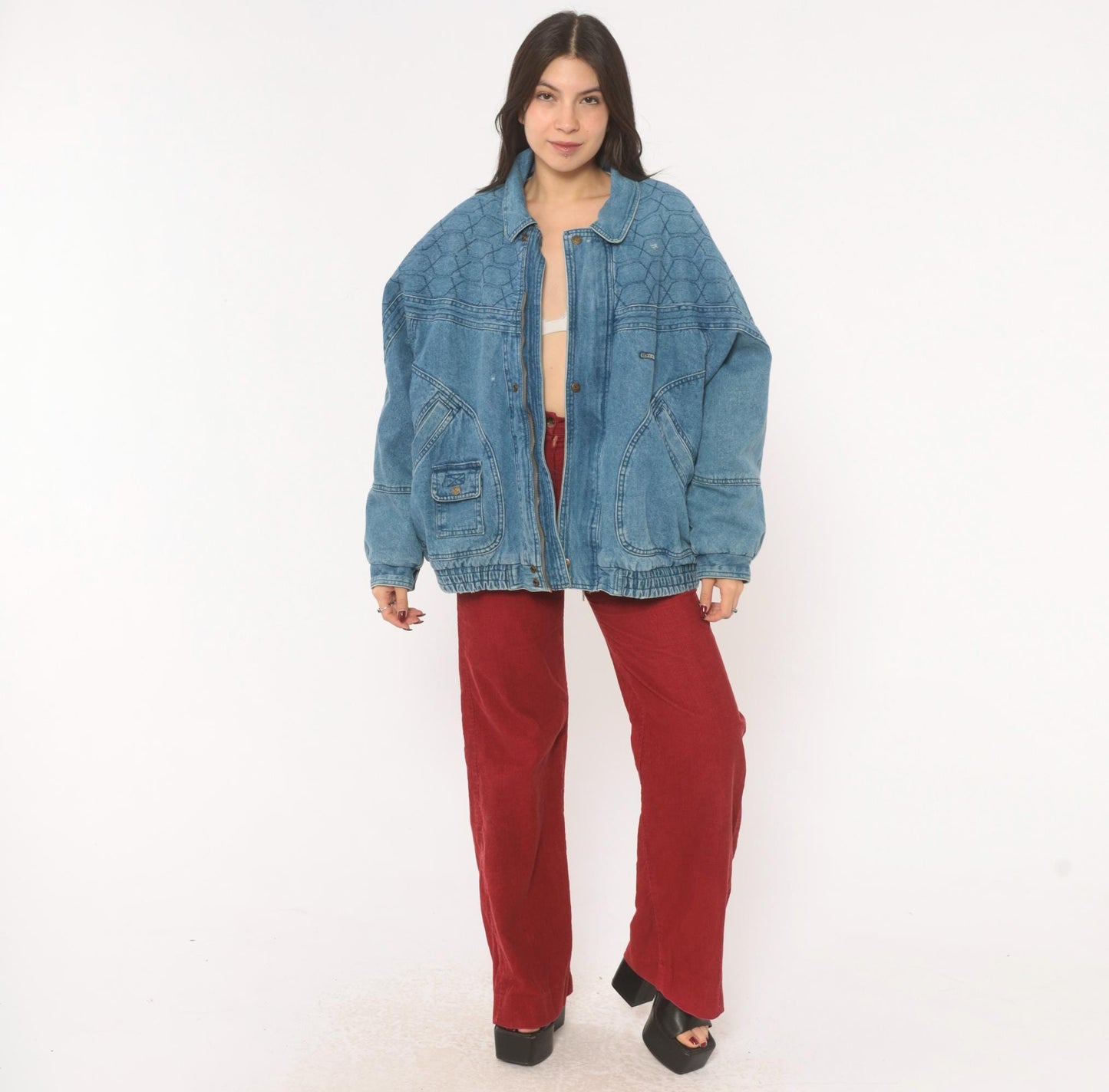 90s Kongloon Quilted Denim Bomber Sherpa Lined Jean Jacket Blue Large