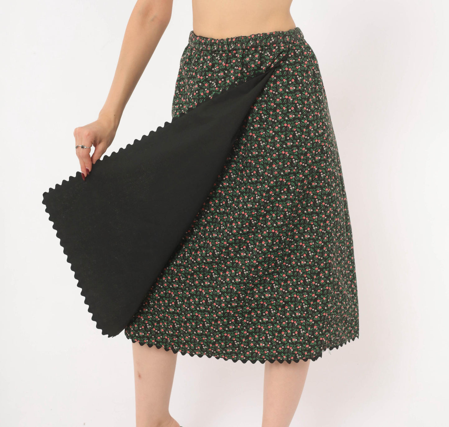 70s Black Floral Midi Skirt Tulip Pocket Patchwork A-Line Small
