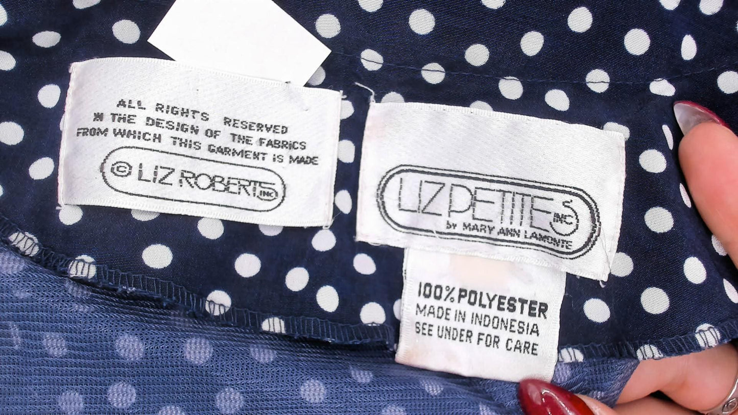 90s Navy Polka Dot Midi Dress Liz Petites Button Front Crew Neck Medium M