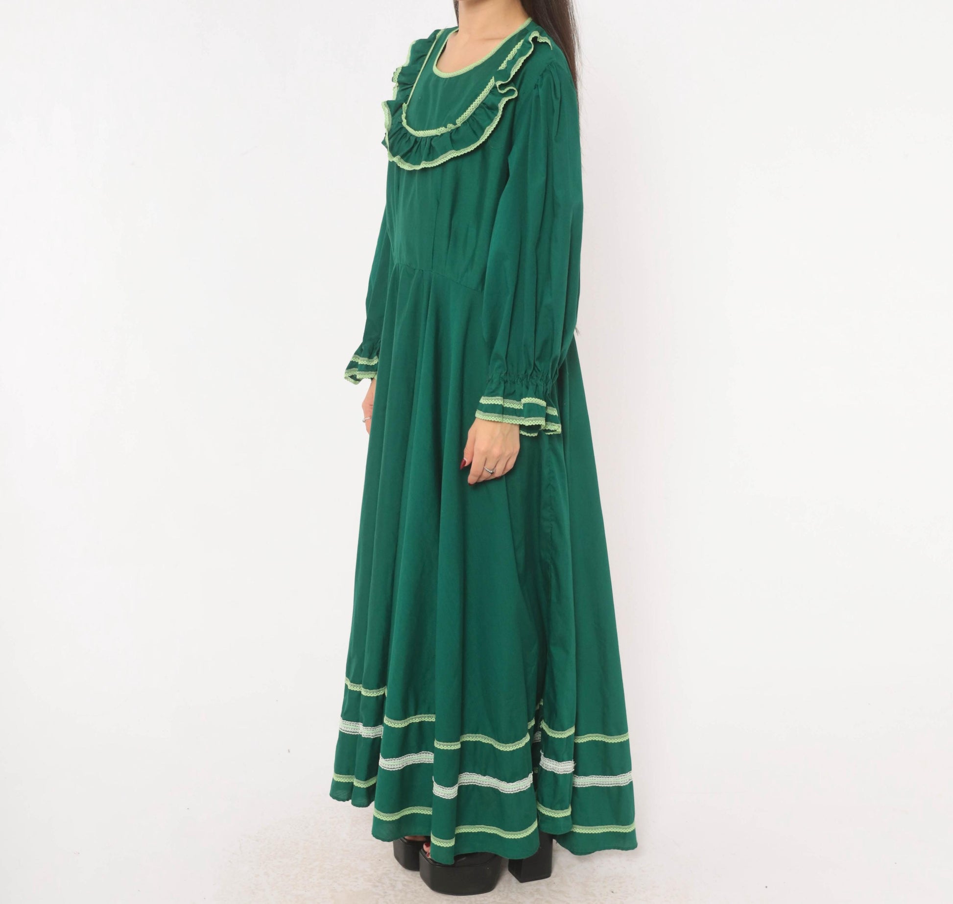 70s Forest Green Prairie Maxi Dress Lace Ruffle Puff Sleeve Large L