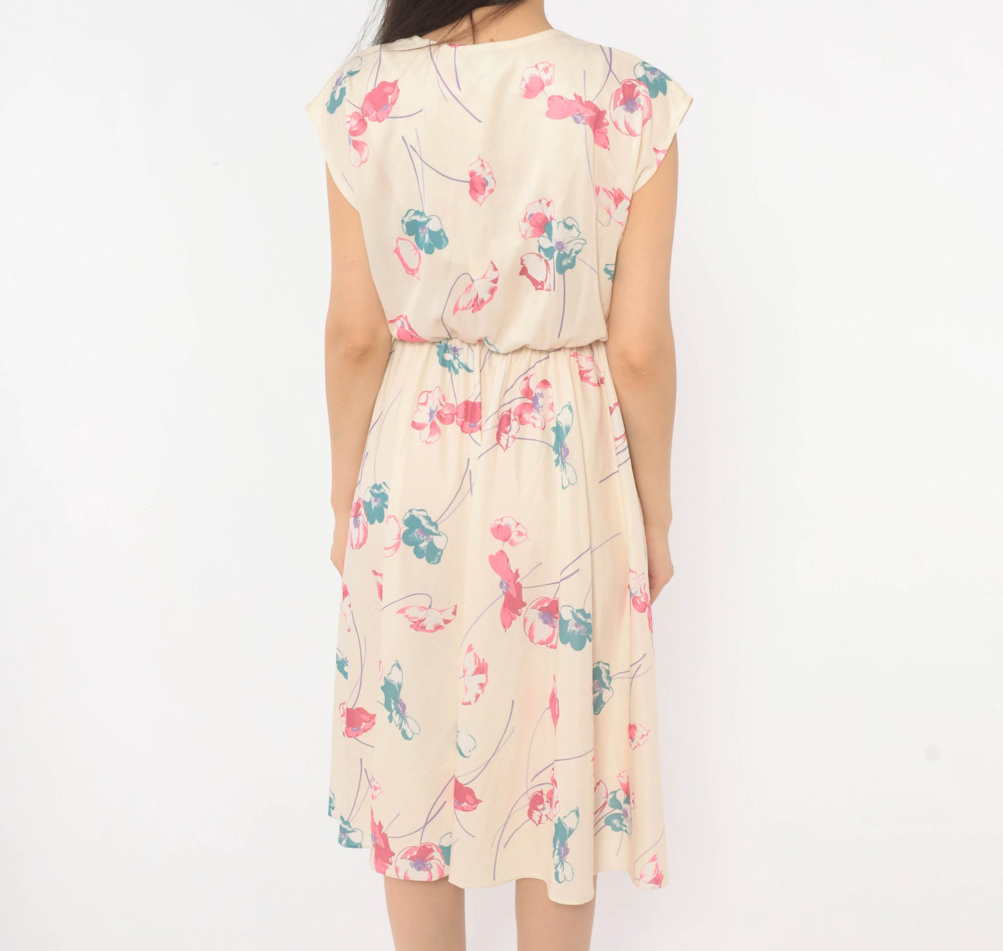 80s Floral Wrap Dress Cream Pink Teal Cap Sleeve Knee Length Medium