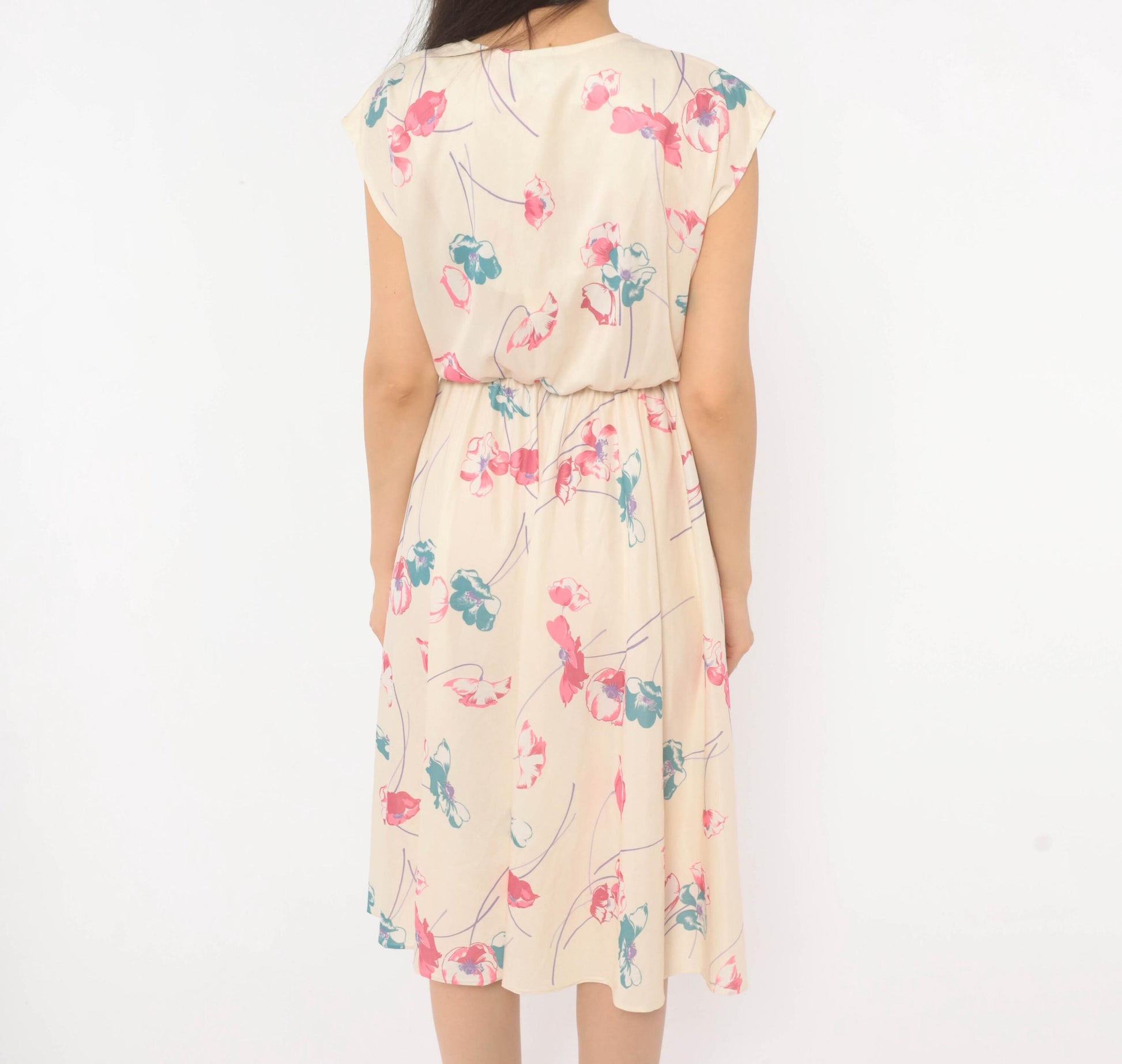 80s Floral Wrap Dress Cream Pink Teal Cap Sleeve Knee Length Medium