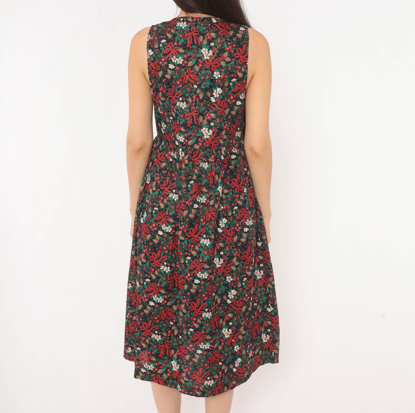90s R.J. Stevens Christmas Jumper Dress Cotton V-Neck Holly Pinecone Navy Extra Small XS